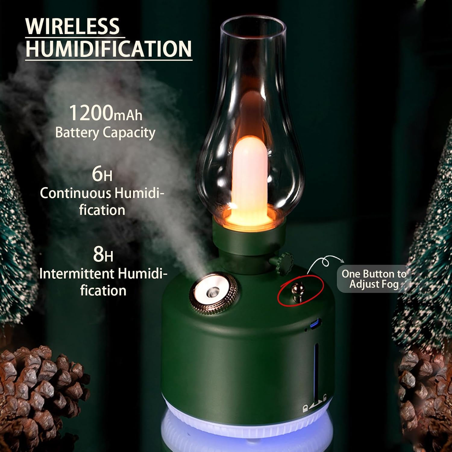 Bedroom Humidifiers,2-Gear Spray Adjusted 1200mAh Desk Humidifier,280ml Retro Humidifier with Color LED Night Light and Endless Dimming Kerosene Lamp,Suitable for Home,Office,Yoga & Nursery (Green)