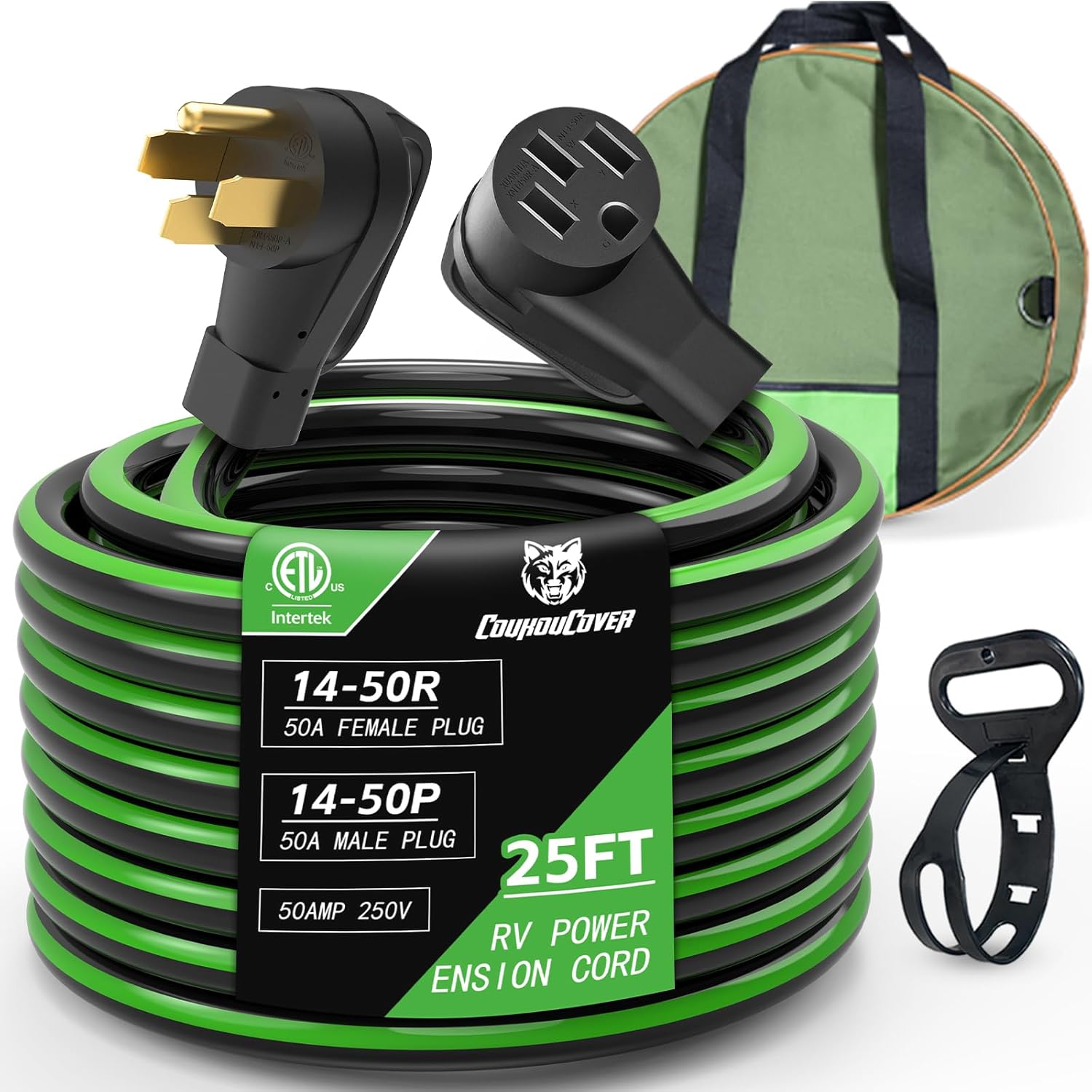 Black Green Power Cord, 50 Amp 25FT RV/EV Extension Cord, 14-50P to 14-50R Standard Plug Waterproof with Handle for RV Trailers Campers ETL Listed