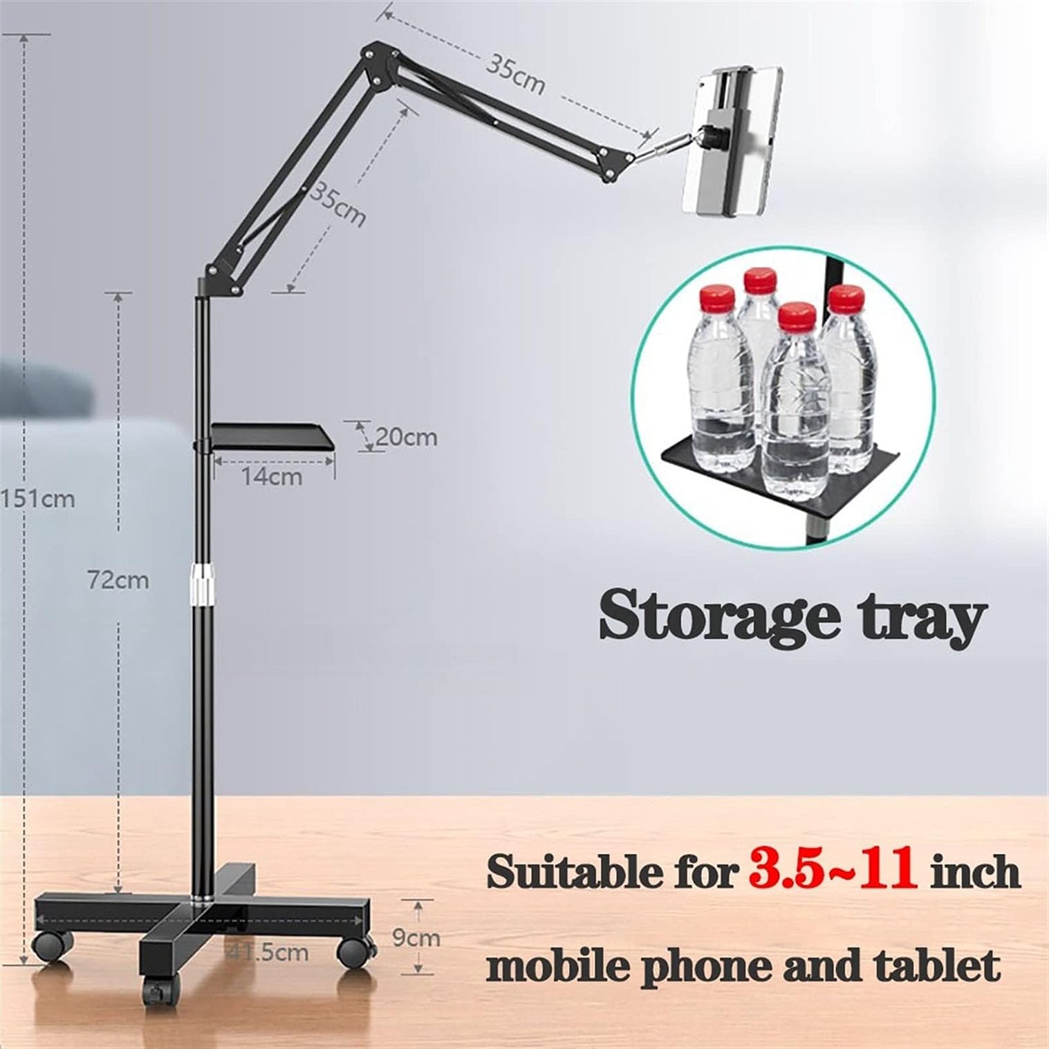 Soporte de piso ajustable para tableta, soporte mecánico de brazo largo con rotación de 360°, compatible con dispositivos de 3.5 a 11 pulgadas, ideal para uso doméstico y de oficina