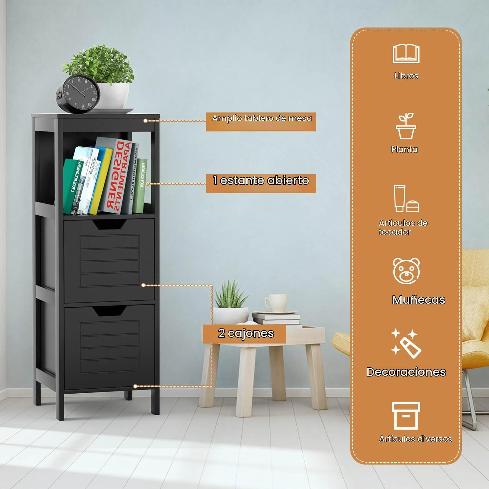 LIFEZEAL Mueble de Baño de Pie con 2 Cajones (Negro)