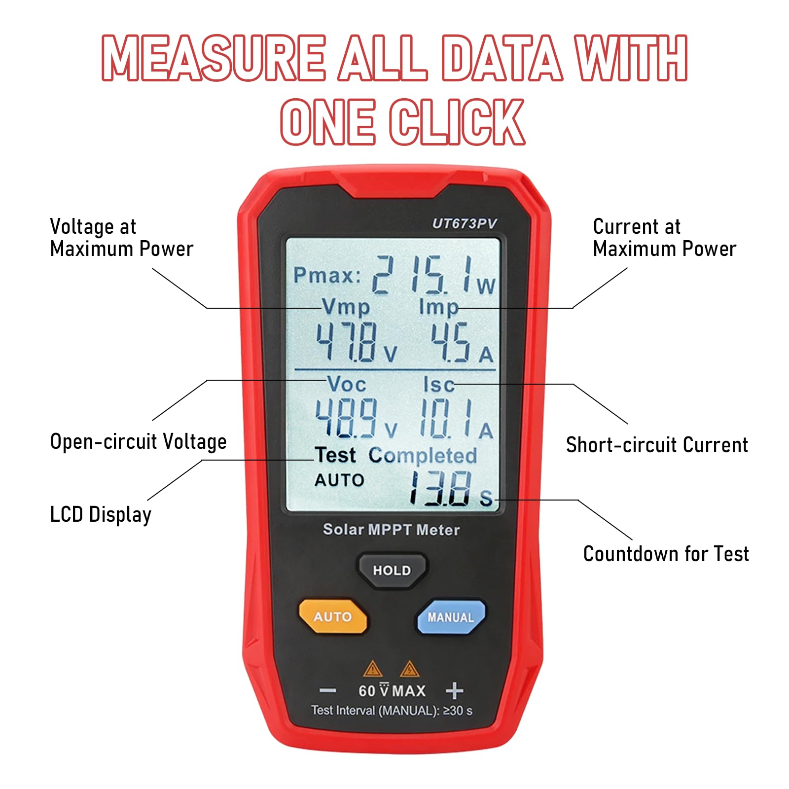 UT673PV Solar Panel Tester, Photovoltaic Multimeter 800W, Solar MPPT Meter with Large Ultra Clear LCD, Smart MPPT Open Circuit Voltage Troubleshooting, Data Test for Photovoltaic Modules — Amazon image 4
