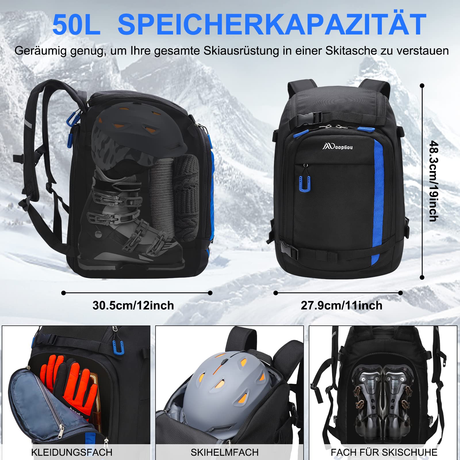 Zaino Viaggio Sci Con Casco Zaino Per Scarponi Da Sci 50 Litri - Impermeabile In Nylon 1680D, Per Casco, Attrezzatura E Abbigliamento Zaino Scarponi Sci