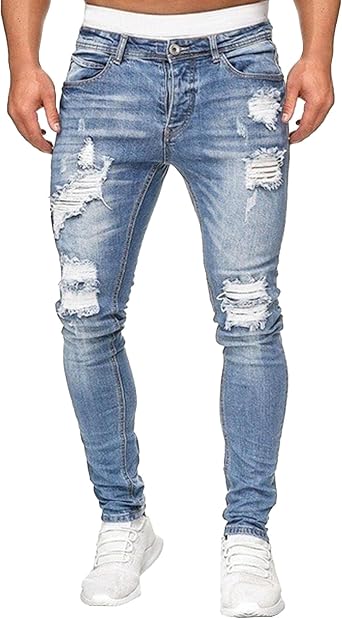 Mens Skinny Fit Denim Pants Slim Fit Ripped Tapered Leg Jeans Comfort Flex Waist Jean Pants