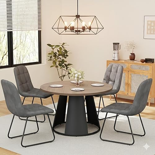 Juego de mesa de comedor redonda de 47.2 pulgadas para 4 mesas de madera modernas con 4 sillas tapizadas de cuero, base de pedestal de metal, Mesa