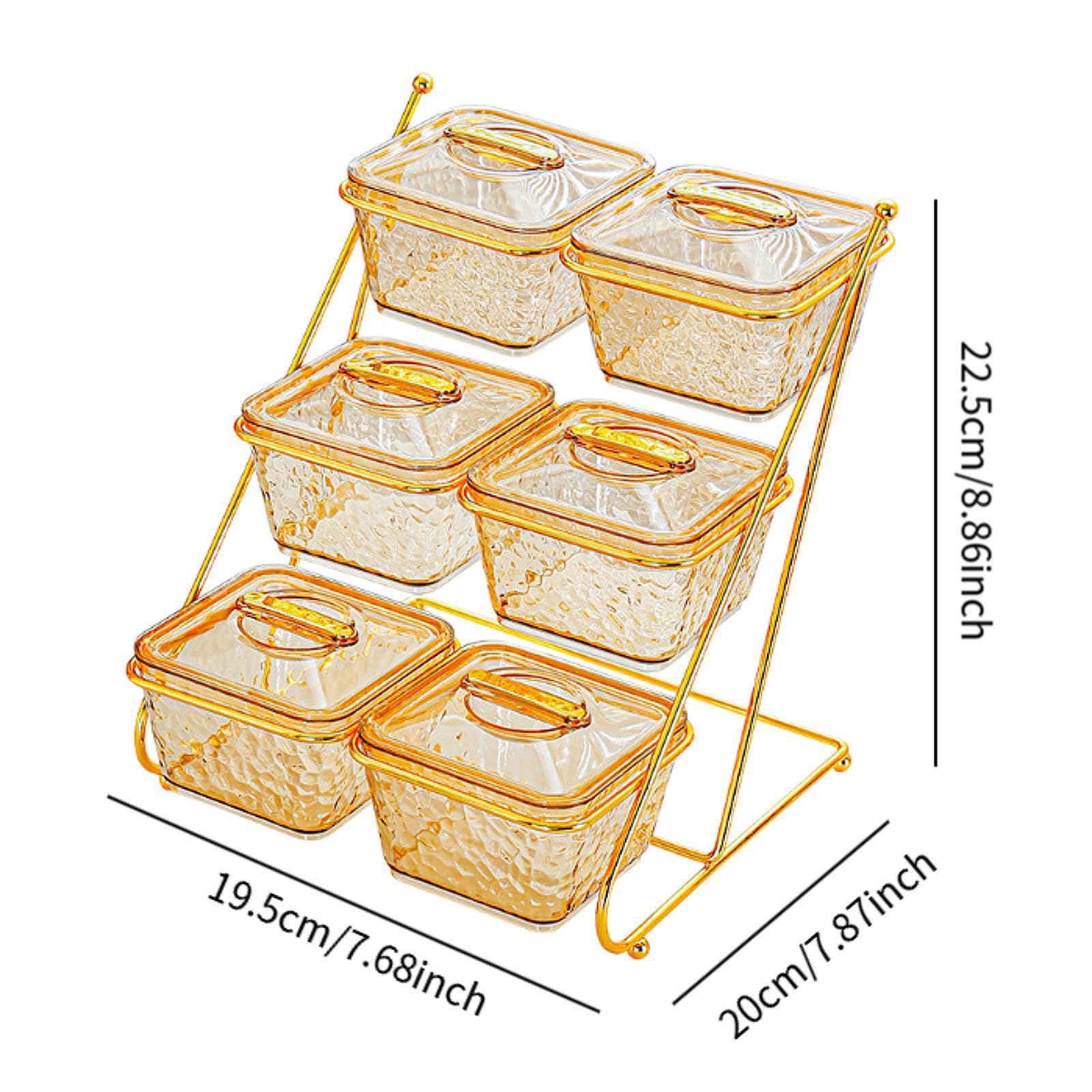 Bandeja ligera para aperitivos con 6 compartimentos, ideal para dulces y frutos secos en celebraciones. Bandeja para 6 platos con expositor de acero
