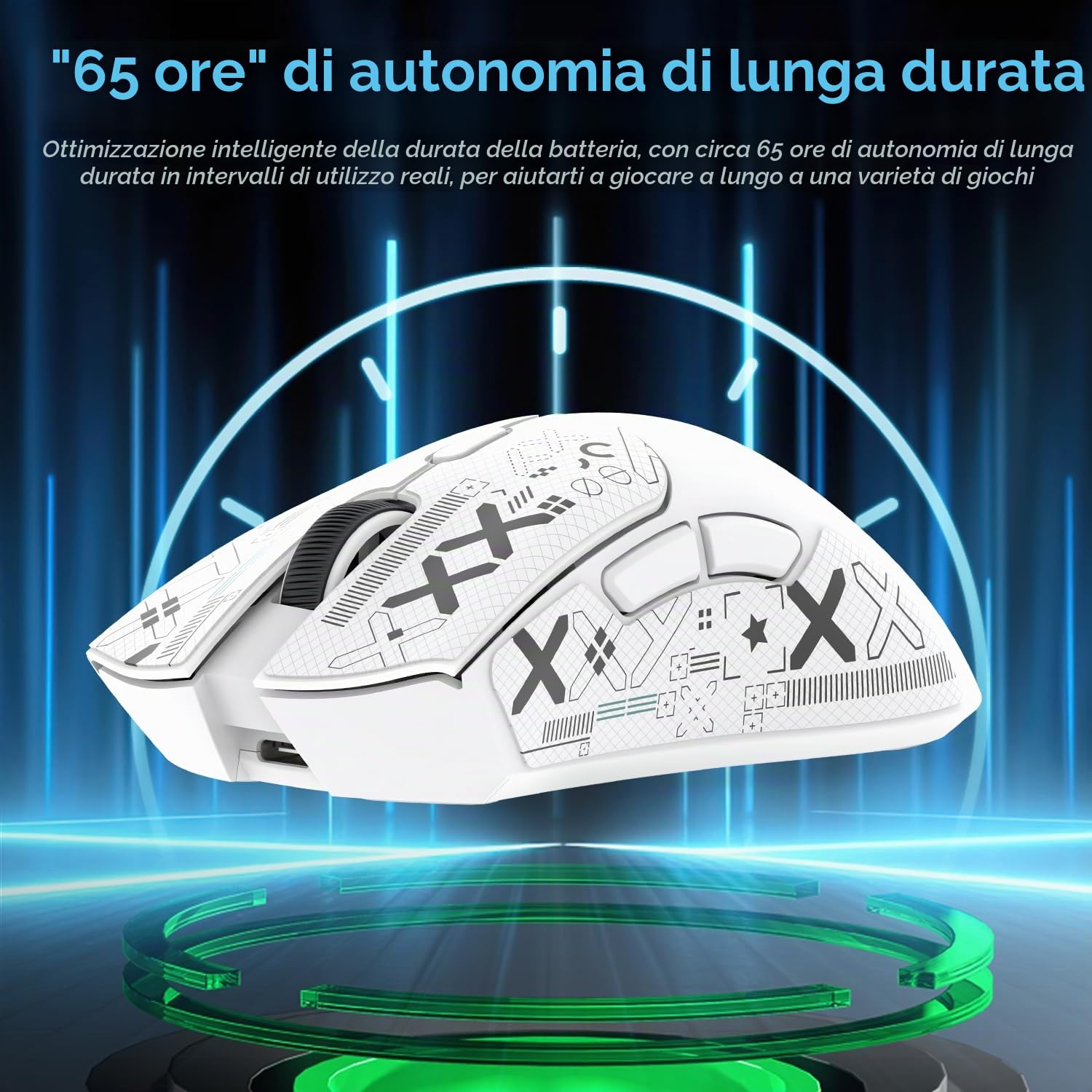 ATTACK SHARK Mouse R1 59g SUPERLIGHT con nastro adesivo, sensore da gioco PixArt PAW3311, mouse da gioco wireless/cablato BT/2.4G, 6 DPI regolabili fino a 18000, batteria da 65 ore (Bianco)