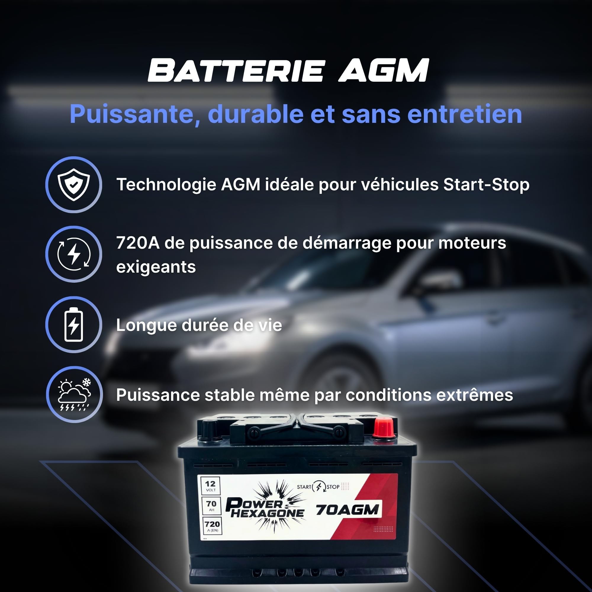 Batterie 12V 70 Ah AGM Start & Stop - Démarrage de 720A - Auto Sans Entretien - Format L3 pour Véhicules Récents Start & Stop - Remplacement batterie Origine - Power Hexagone