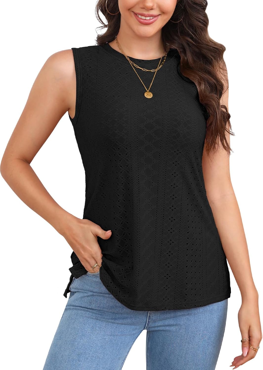V FOR CITY Women's Tank Tops with Built-in Bra High Neck Eyelet Embroidery Camisole Casual Camis Shirts
