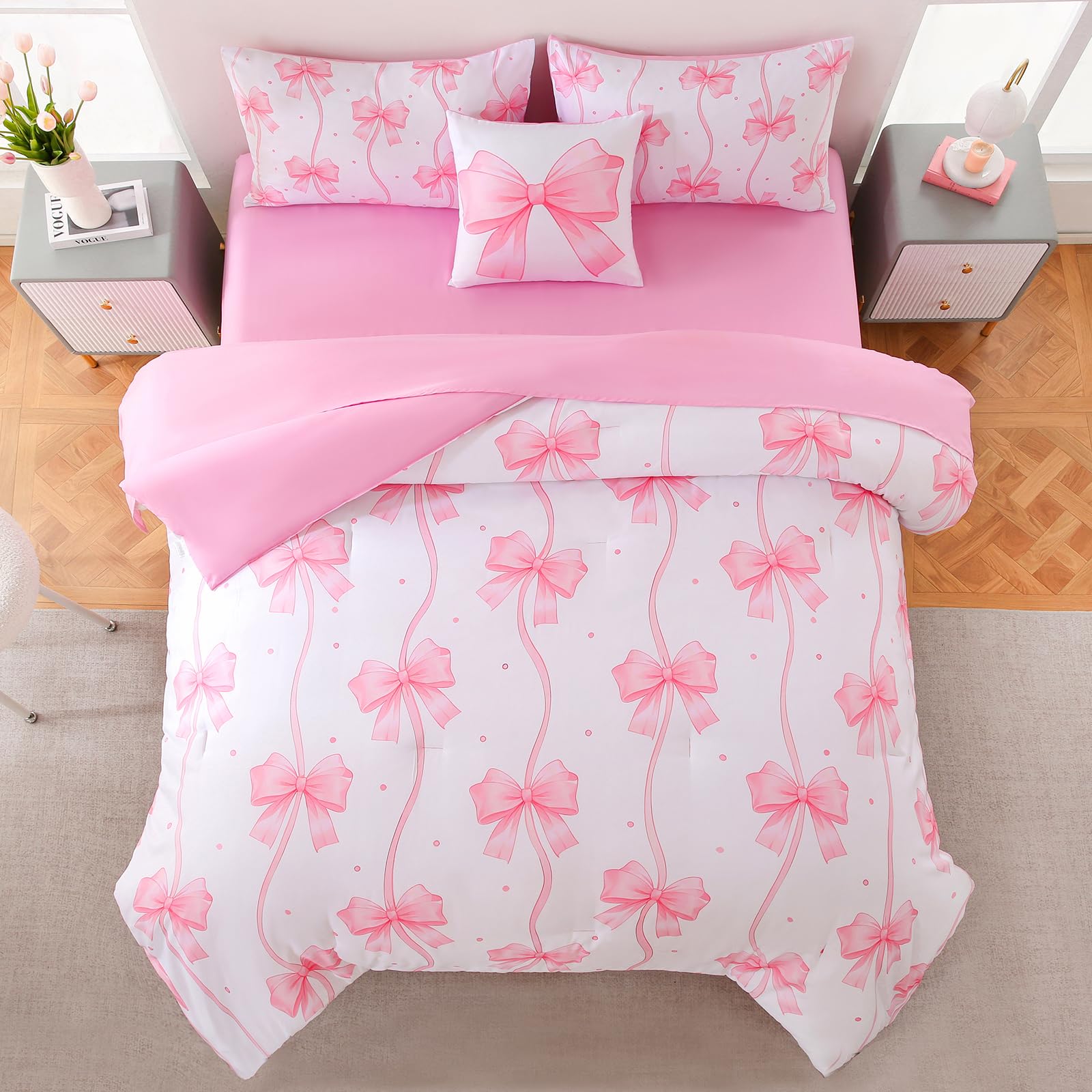 DORCAS Bow Twin Comforter Set for Girls,6 Pieces Bed in A Bag Pink Bow Bedding Sets with Sheets for Kids-image-26