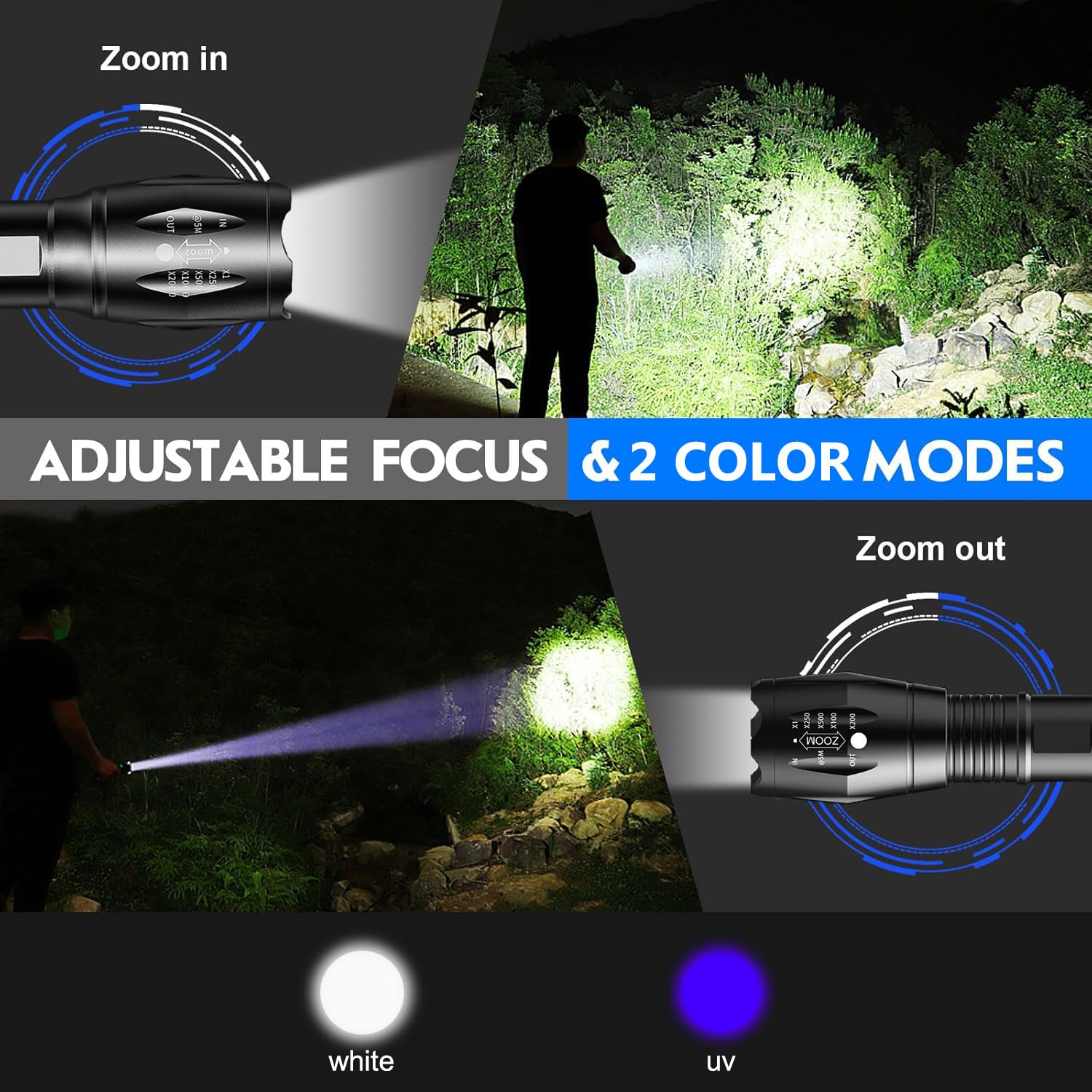 HYVCZP Torcia ricaricabile 2 in 1 UV, torcia portatile impermeabile a luce nera, torcia a LED con combinazione di luce bianca e UV, rilevatore di urina per animali domestici a luce nera, per urina di