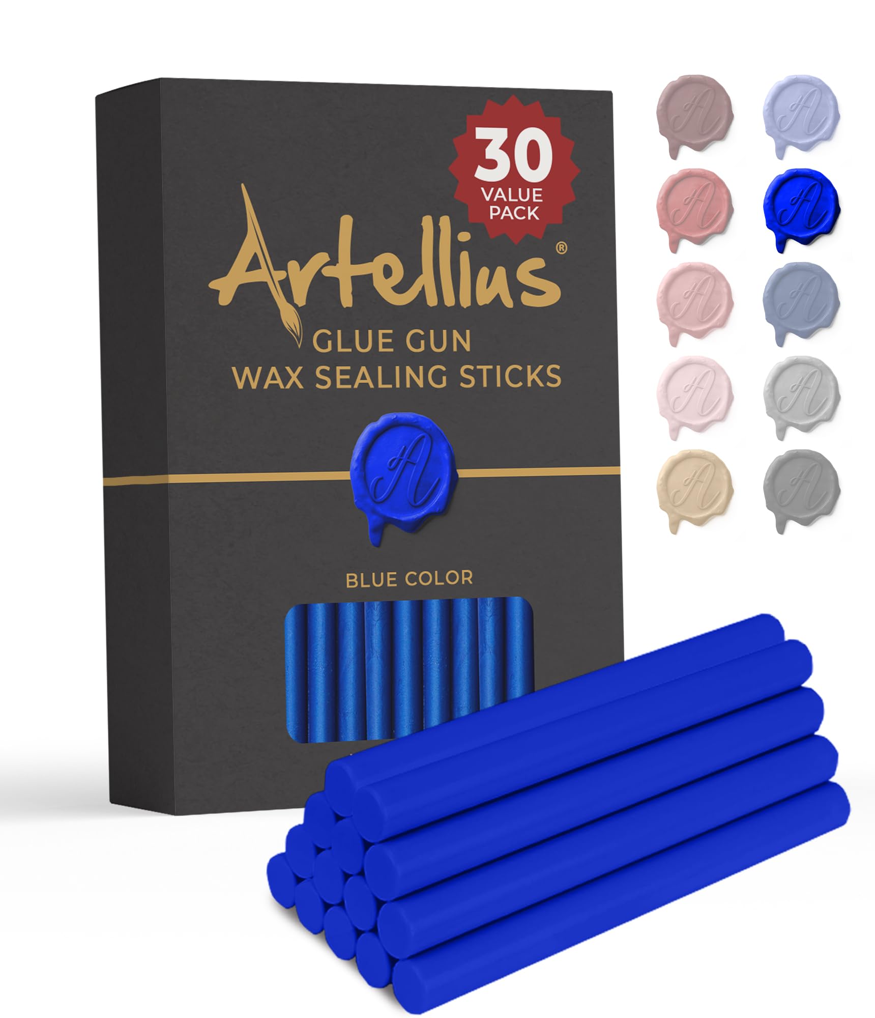 Artellius Sealing Wax Sticks - 30 Pack Blue - for Wax Seal Stamps & Glue Guns - Smoke-Free Resin for Invitations & Crafting - Colored Hot Glue Sticks