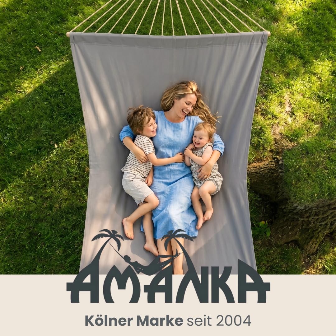 AMANKA XXL Stabhängematte 200x120 cm Grau - Doppelhängematte für 2 Personen - Große Hängematte mit Spreizstab Outdoor & Indoor - Balkon Garten Terrasse Camping - Reise Hängeliege aus 100% Baumwolle