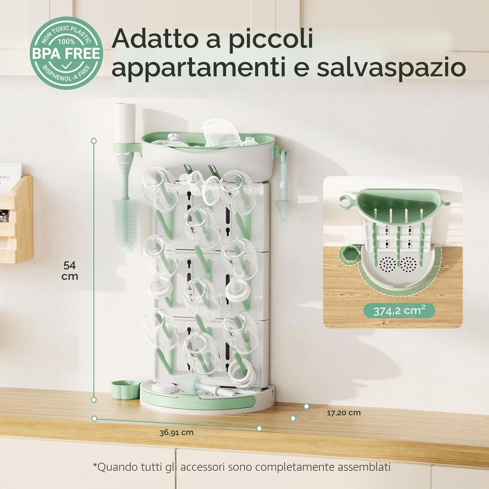 Momcozy Stendibiancheria verticale per biberon, grande capacità, 18 unità, design modulare compatto con portaspazzole integrato, asciugabottiglie per tettarelle, tiralatte e accessori