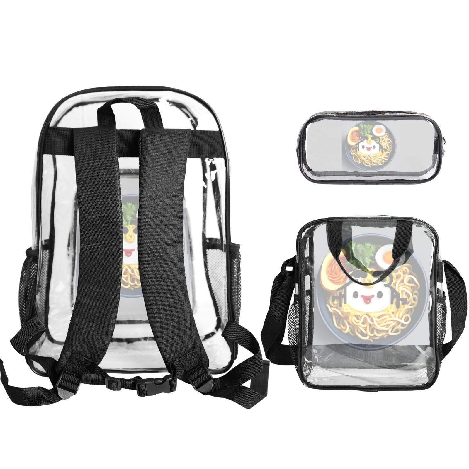 Eierbecher, Nudeln, Ramen-Druck, für Damen, Herren, Kinder, transparentes Rucksack-Set, Schule, Reisen, transparent, 3-teiliges Lunchpaket