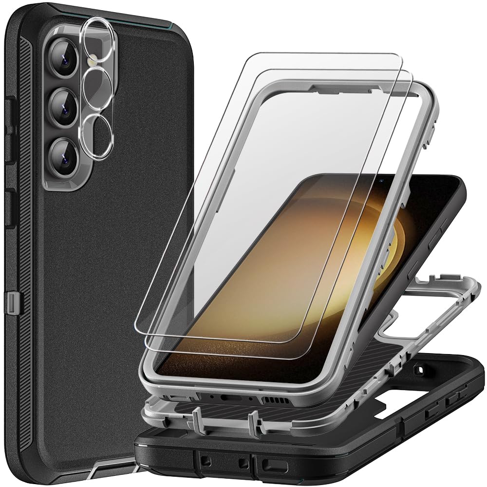 TFDSEUGH for Samsung Galaxy S23 Plus Case with 2Pcs Tempered Glass Screen Protector and 1Pcs Camera Lens Protector, 3 in 1 Heavy Duty Shockproof/Drop