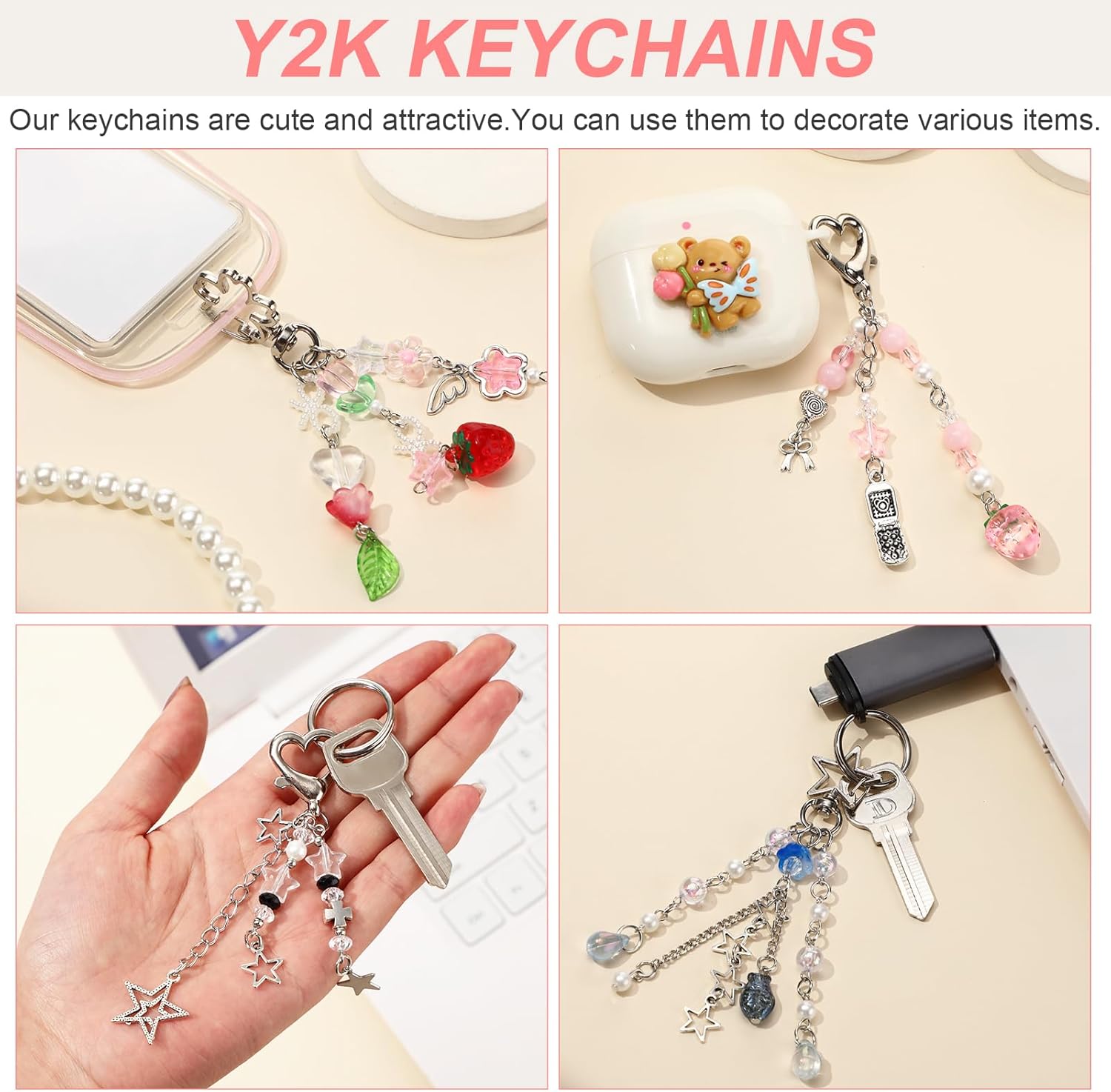 4Pcs Keychain Set Bag Charm Y2K Aesthetic Keychain Novelty Keychains for Women and Men - Image 3