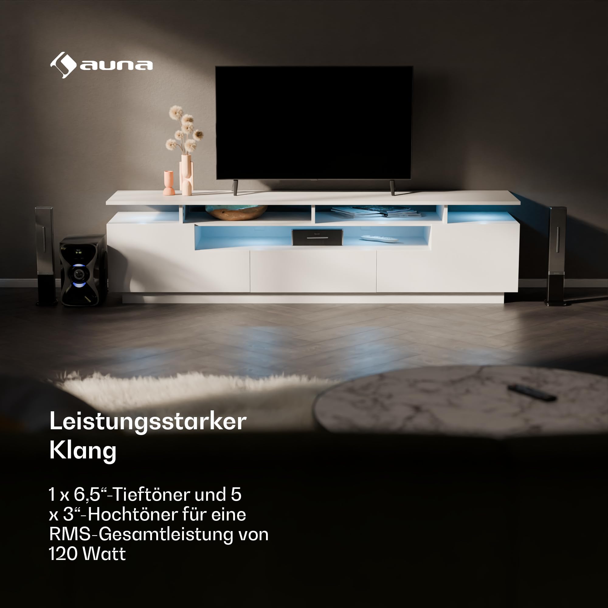 auna Areal 825 5.1 Soundsystem Kabellos mit Bluetooth, 100-W-Subwoofer und RGB-Beleuchtung - USB-/SD-Anschlüsse, AUX und Optischer Eingang, Heimkino-Lautsprecher mit Fernbedienung