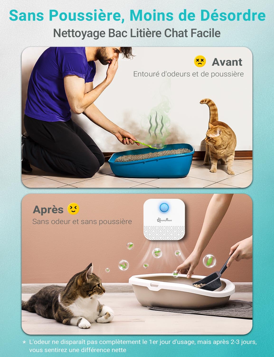 DownyPaws Éliminateur d'Odeurs pour Litière Chat, Désodorisant Tous Types de Bac avec Batterie Rechargeable 14 Jours