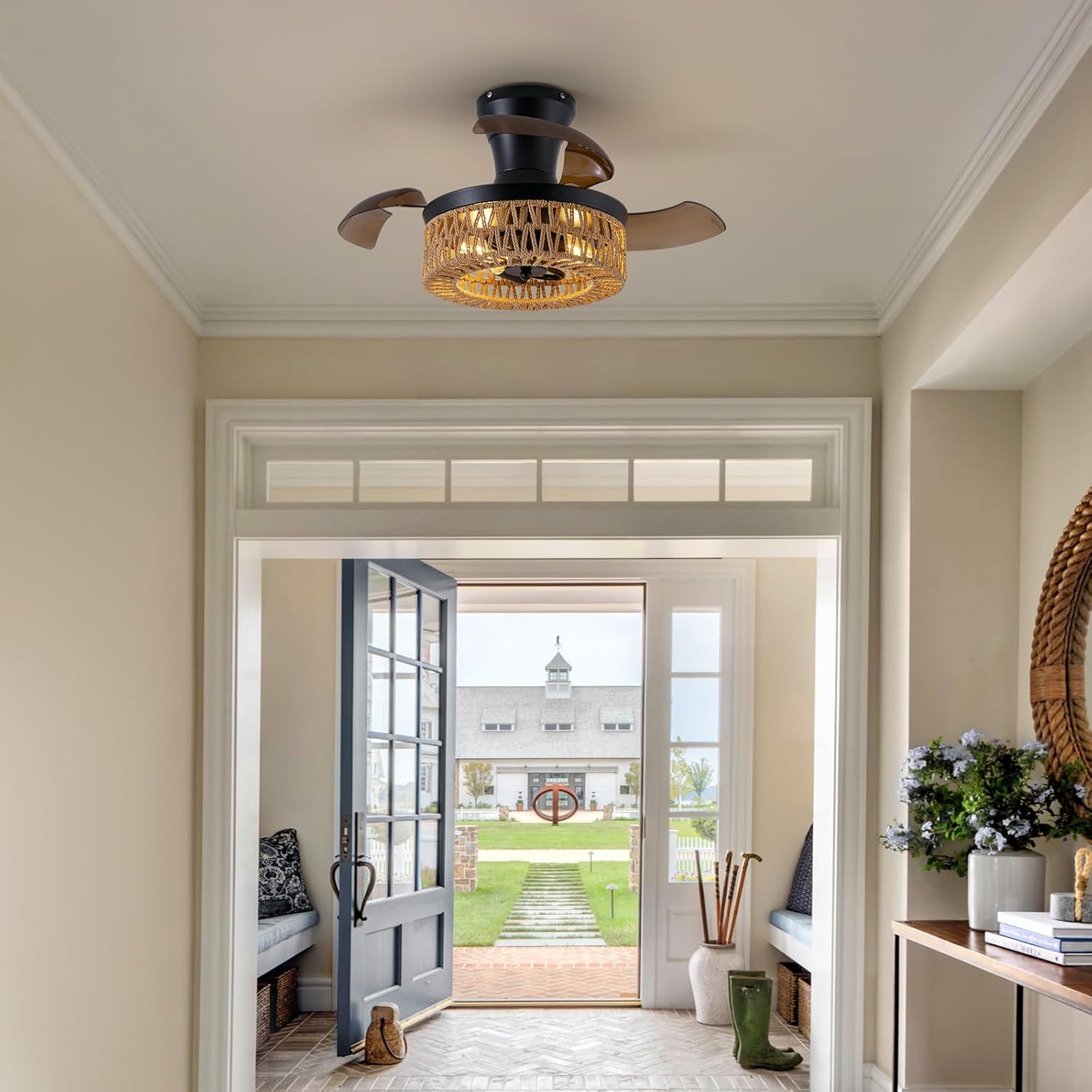 28'' Retractable Ceiling Fan with Lights and Remote, Flush Mount Small Caged Ceiling Fan Farmhouse Boho Fandelier Invisible Blades 6 Wind Speed for Kids Room Bedroom Kitchen Dining Room