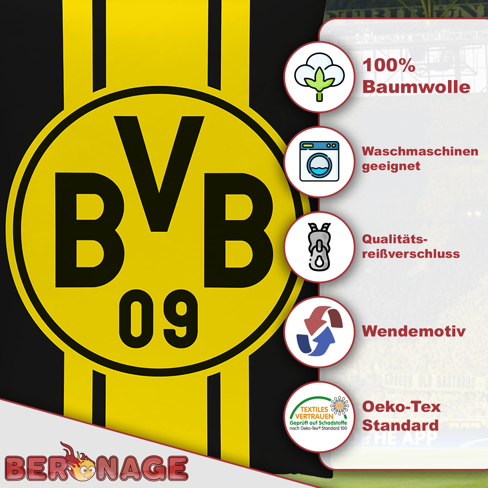 Dortmund Borussia BVB 09 Wende-Bettwäsche 135 x 200 cm + 80 x 80 cm 100% Baumwolle Renforcé-Linon Fußball Bettwäsche Logo Motiv Echte Liebe Heja BVB Reißverschluss deutsche Größe