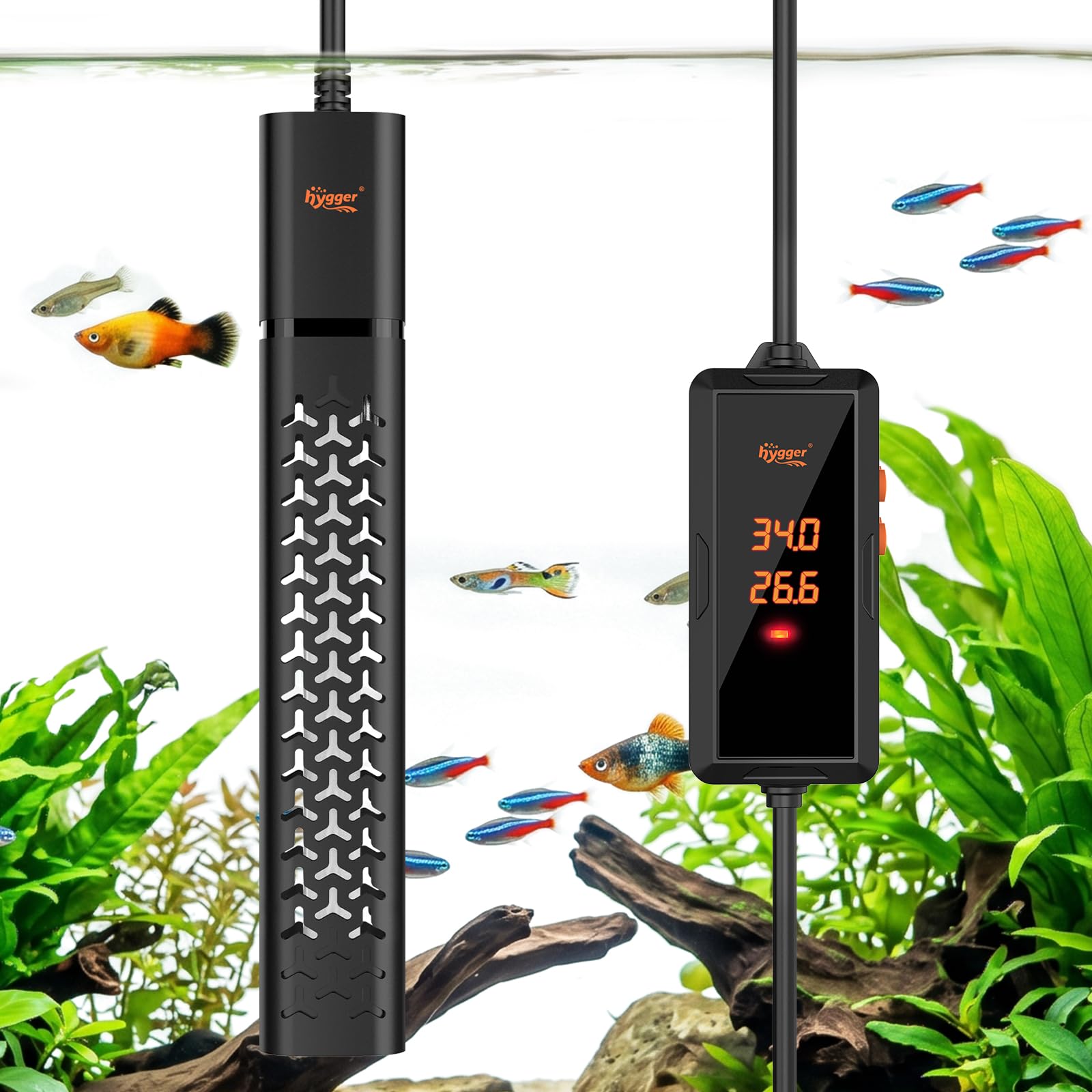 Hygger 200W Calentador Acuario Sumergible, Controlador Digital Externo y Memoria de Corte de Corriente | Calentador Acuario con apagado anti-sequedad automático, resistente a la corrosión para acuarios, tanques de 75–151L
