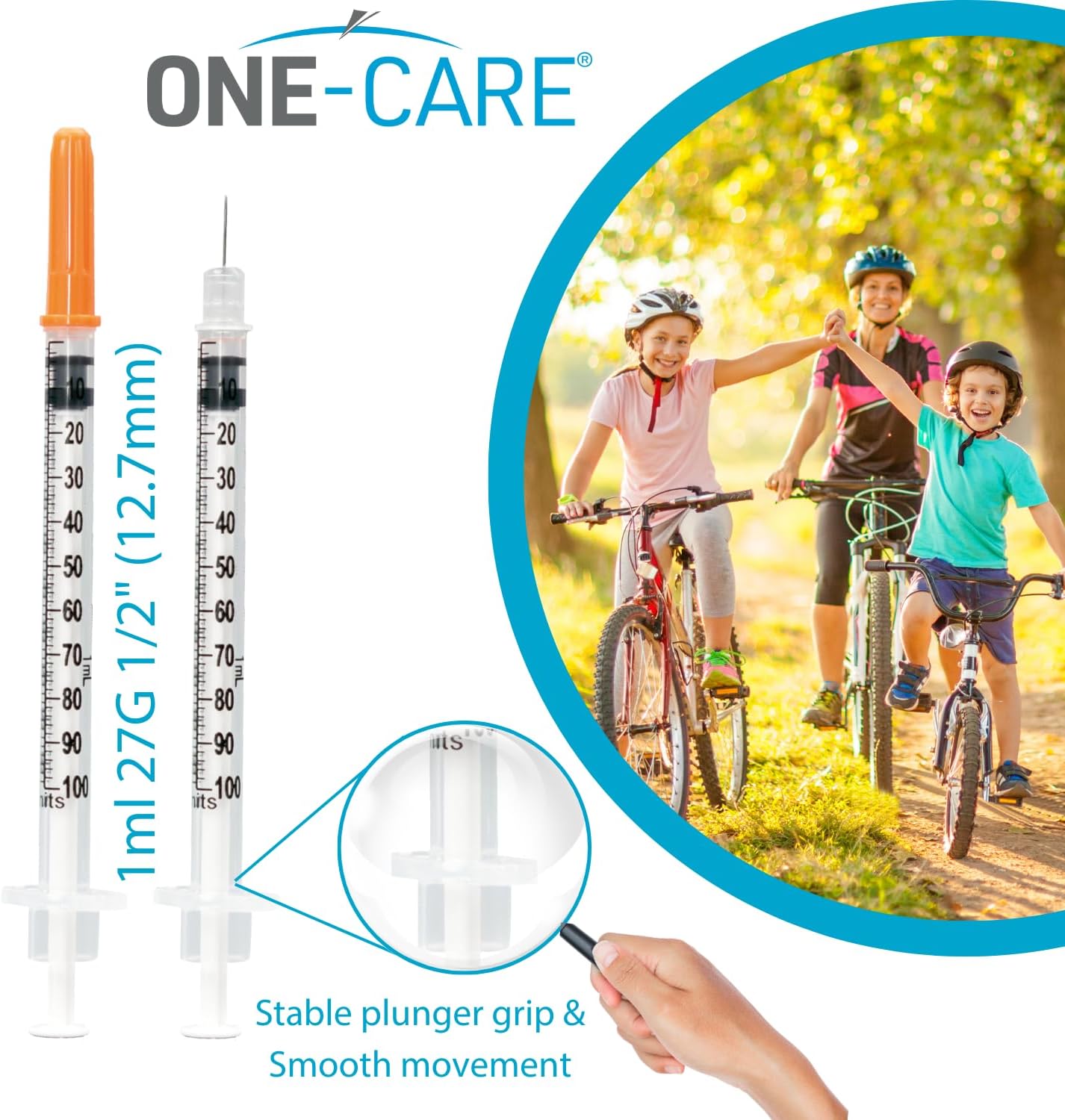 ONE-CARE Syringes 1ml/cc, 27G x 1/2"(12.7mm), Orange Cap, 100/bx