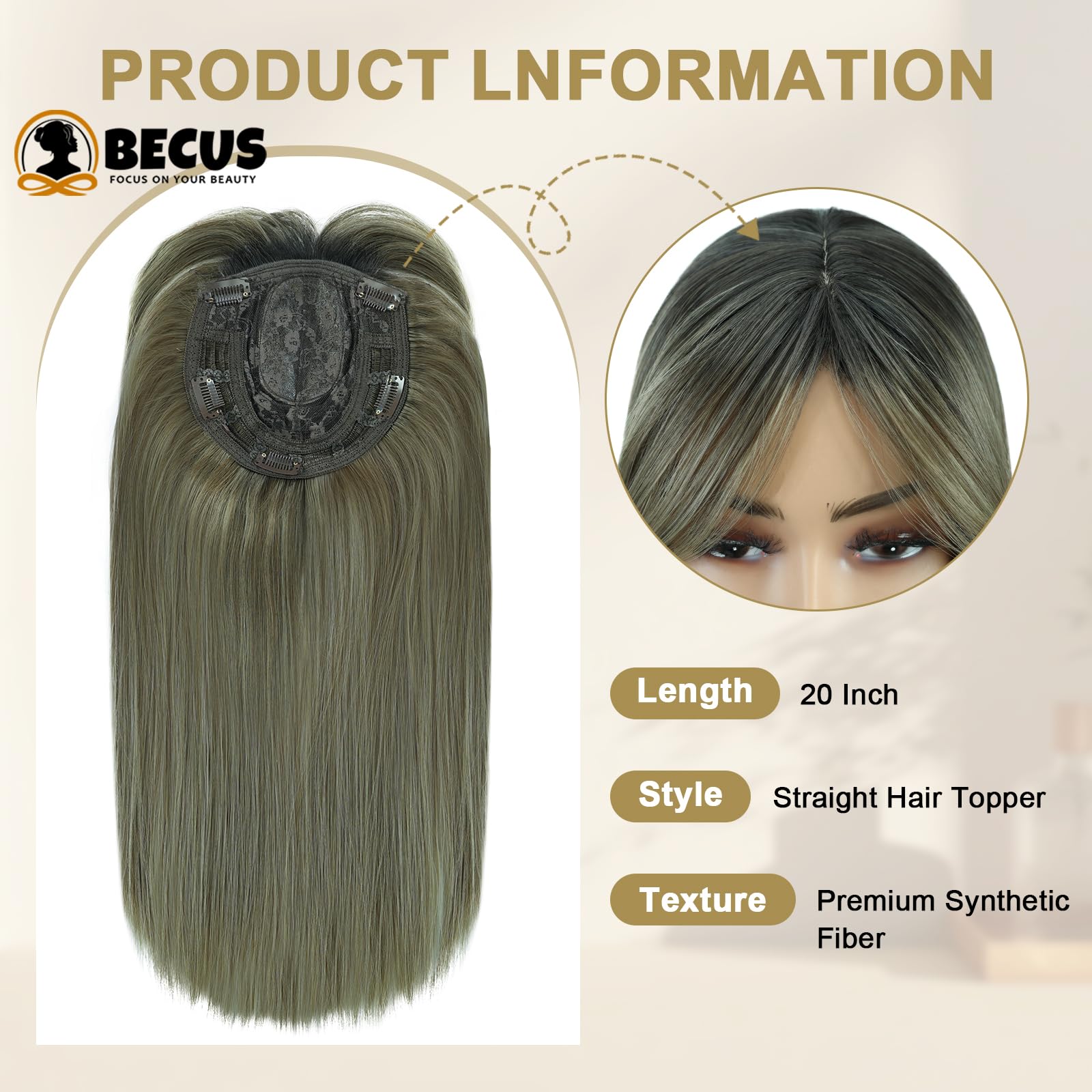 BECUS Hair Toppers for Women with Thinning 20 Inch Long Straight Synthetic 360° 3D Realistic Topper with Bangs Hair Pieces Fluffy Wispy Clip in Bangs (Ombre Light Brown) - Image 3
