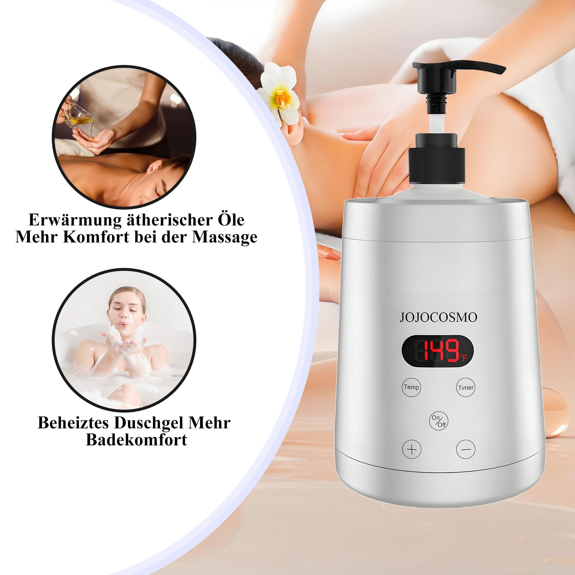 Massageöl-Wärmer, Massageöl-Heizung mit zwei Ölflaschen-Spendern, 0-65°C, Lotion-Flaschen-Wärmer, galvanisiertes Silber