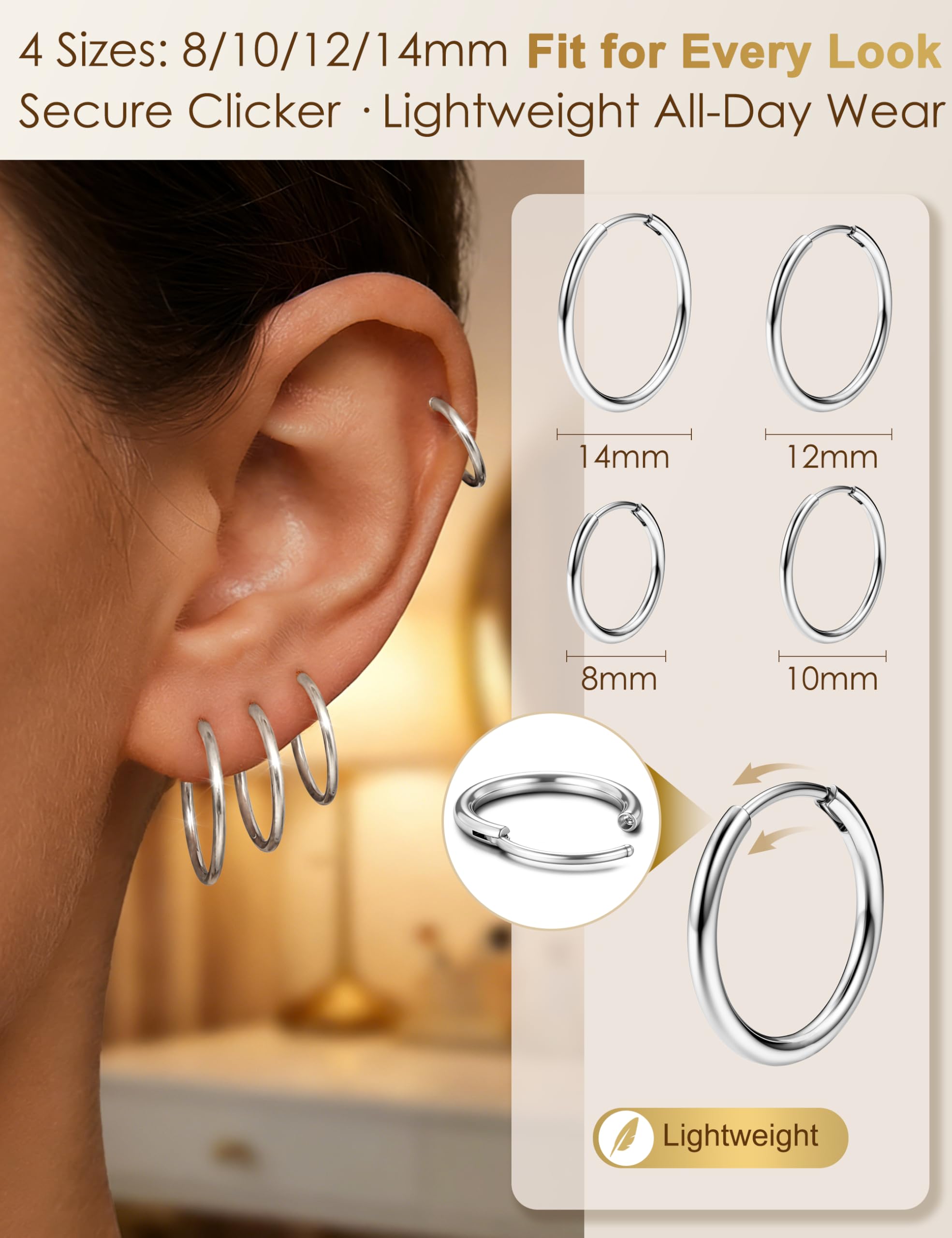 Pendientes de Aro 316L Acero Quirúrgico Hipoalergénico para Mujer Hombre 16G Cartílago Tragus Helix