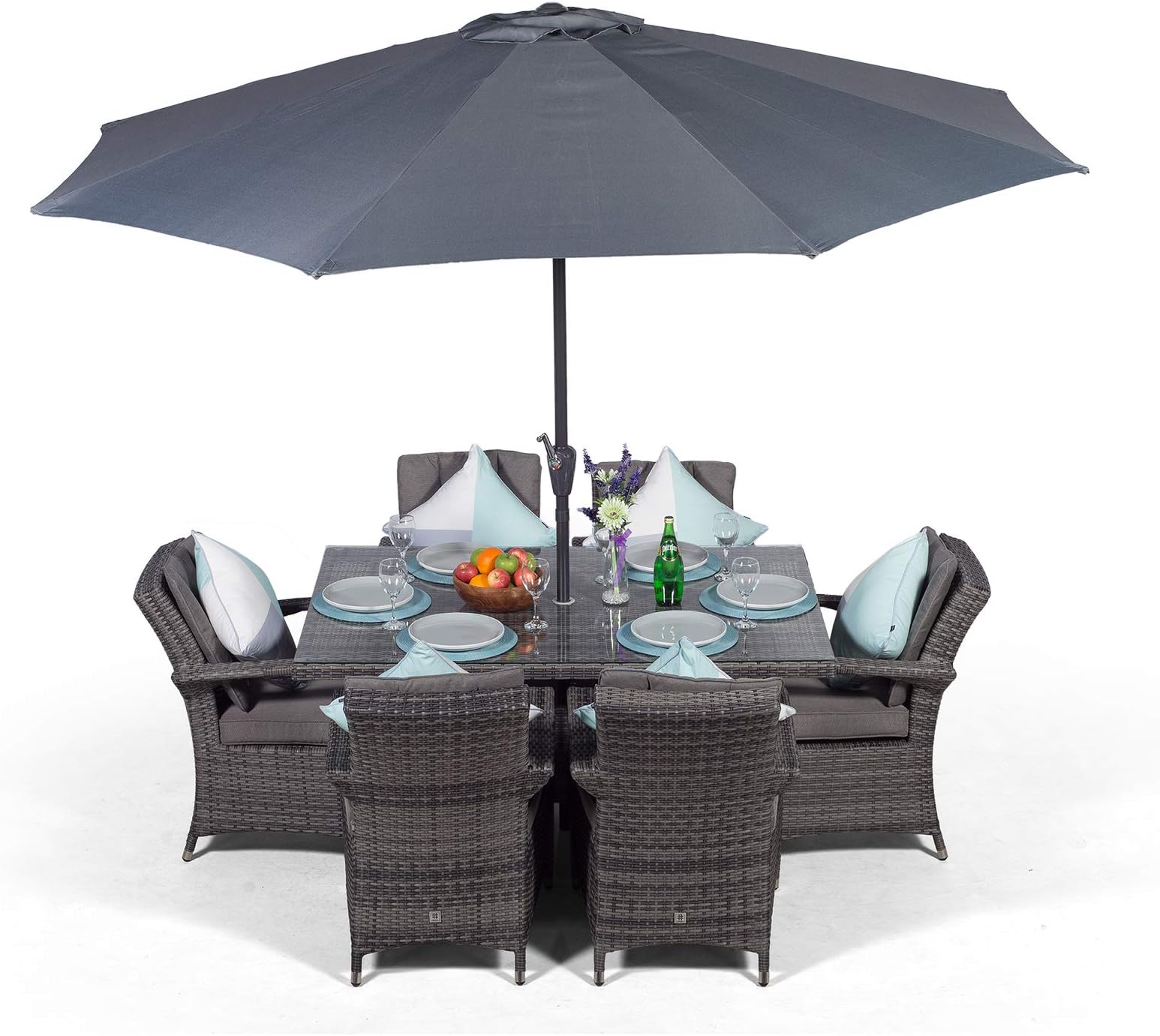Giardino Arizona Rattan Garden Dining Set 6 Seater Outdoor Rectangular Garden Table & Chairs Patio Furniture with Parasol & Cover, 150 x 100cm, Grey