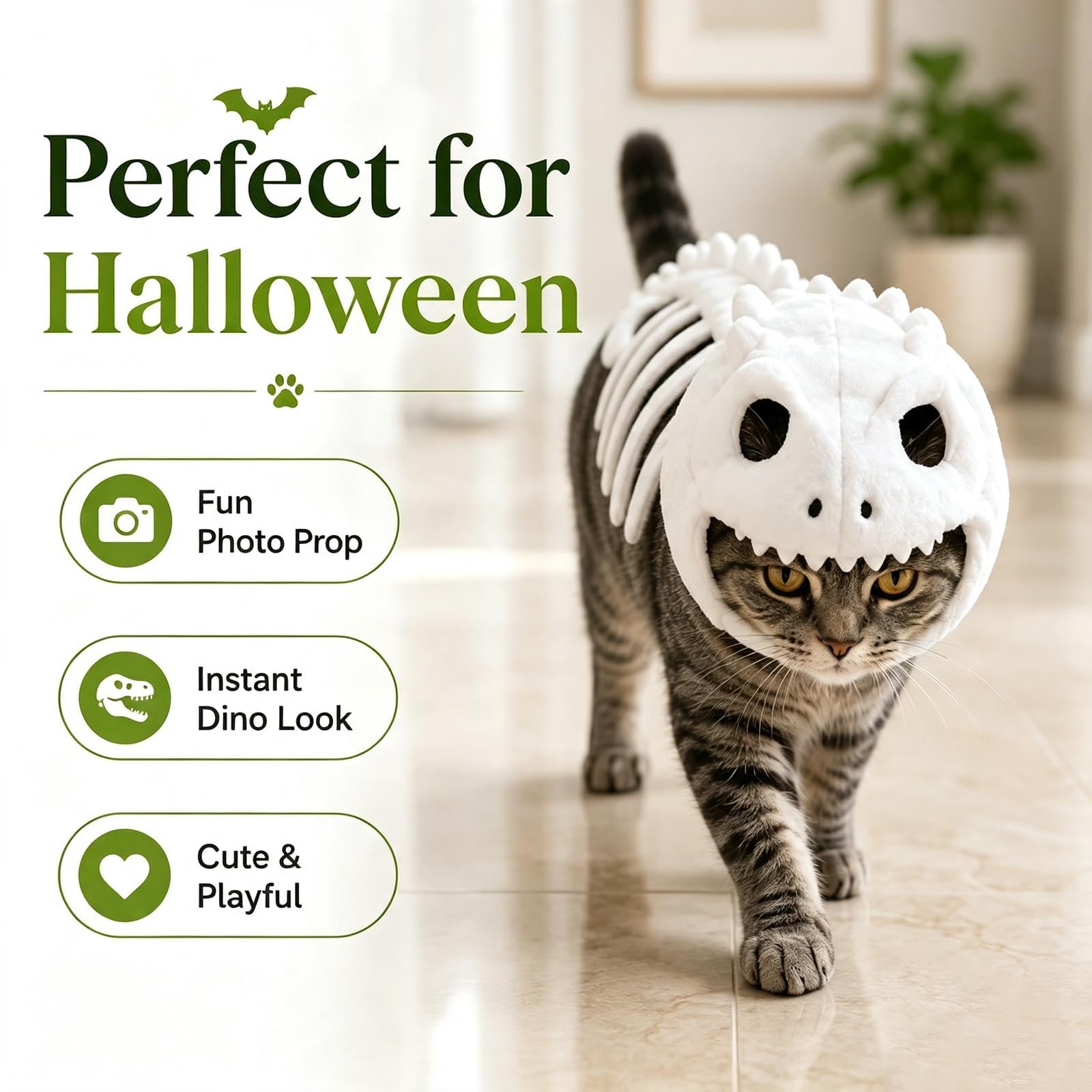 Kostium kota ze szkieletem dinozaura, świecący w ciemności, miękki pluszowy strój na Halloween, kostium dla zwierząt domowych, przebranie cosplay, motyw Halloween, zabawny wzór dinozaura