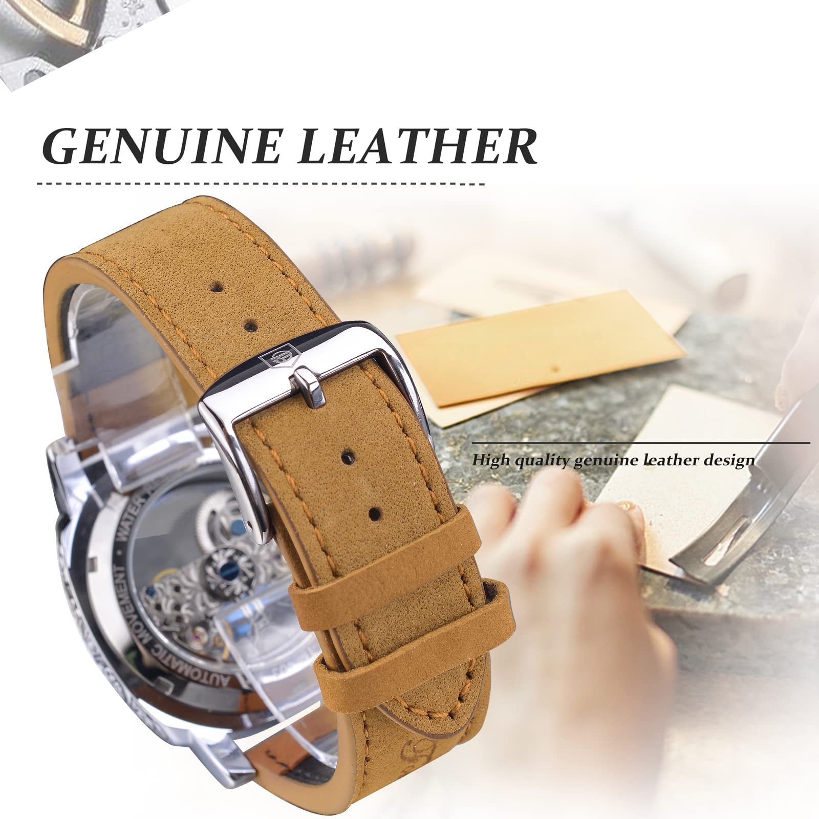 Herren-Armbanduhr, klassisch, modisch, transparent, quadratisches Zifferblatt, Skelett, mechanische Armbanduhr, Lederband, leger, Automatikuhren, leuchtend, wasserdicht