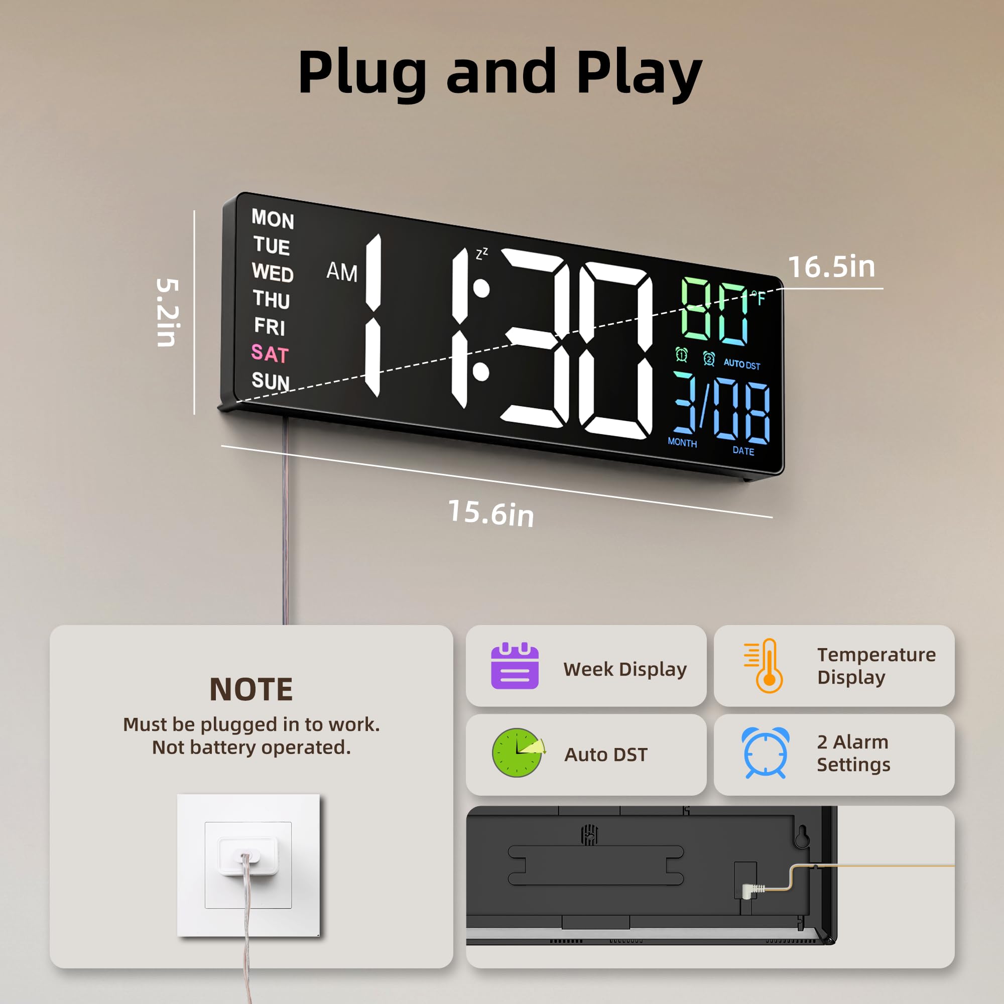 EASYERA Grande horloge murale numérique de 41,9 cm avec écran anti-reflets, lumières RVB avec télécommande 10 scènes, luminosité réglable, double alarme, DST automatique, synchronisation BT