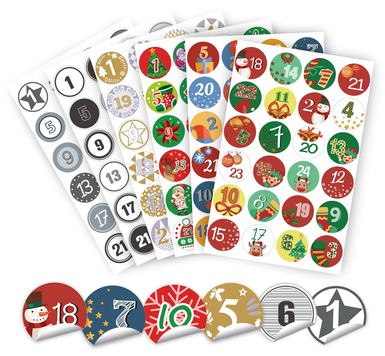 ABSOFINE - Numeri adesivi rotondi per calendario dell'Avvento del diametro di 4 cm, per decorazioni fai fa te 6 x 24