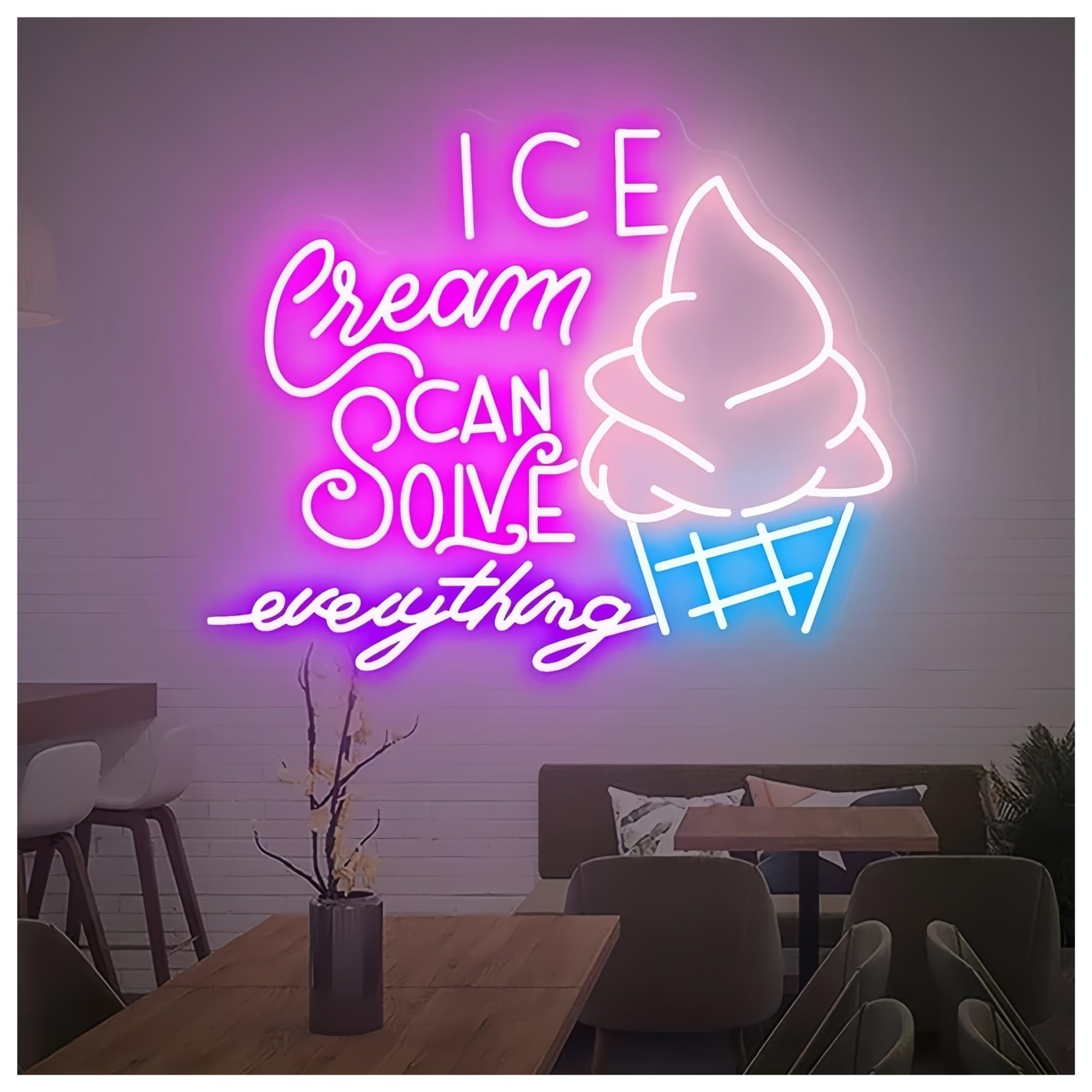 SHOUXI Sign Lamp Ice Cream Solves Everything Neon Sign Ice Cream Store Wall Decor Neon Sign Cafe Bar Decoration Neon Light(A,55CM)