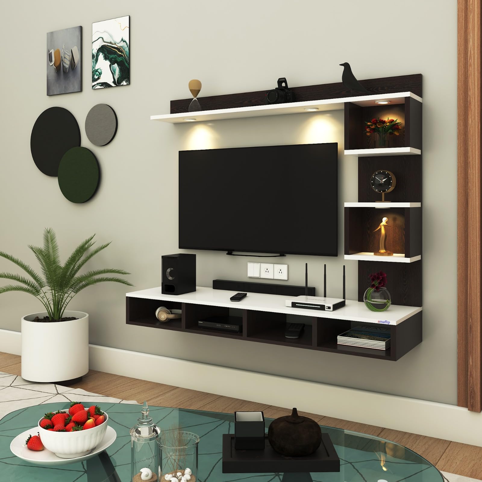Kirina Engineered Wood Wall Mount TV Unit with LED Lights TV Cabinet TV Entertainment Unit Set Top Box Stand (Wenge/White) (Ideal for 43 Inch)(D.I.Y)-image-22