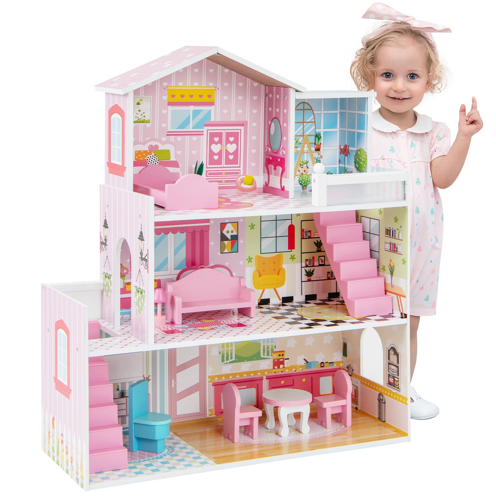 HOMASIS Casa de muñecas de 3 estantes, Casa de muñecas de Madera con 5 Habitaciones y 10 Muebles, Villa de los sueños, Juegos para niñas y niños a Partir de 3 años, 60 x 25 x 70 cm, Rosa