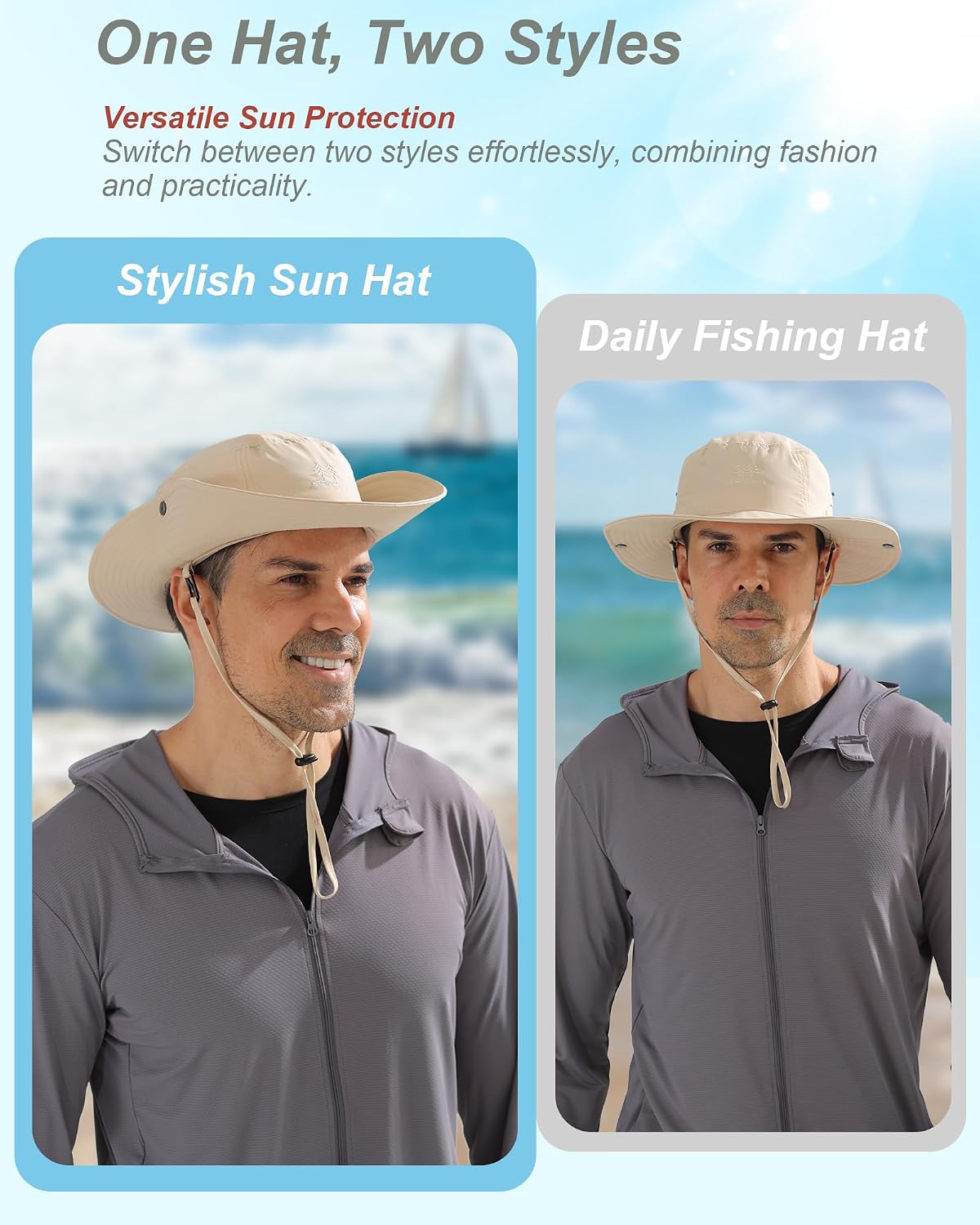 Sun Hats for Men UPF 50+ UV Protection Wide Brim Waterproof Foldable Bucket Hat Outdoor Fishing Hiking Beach