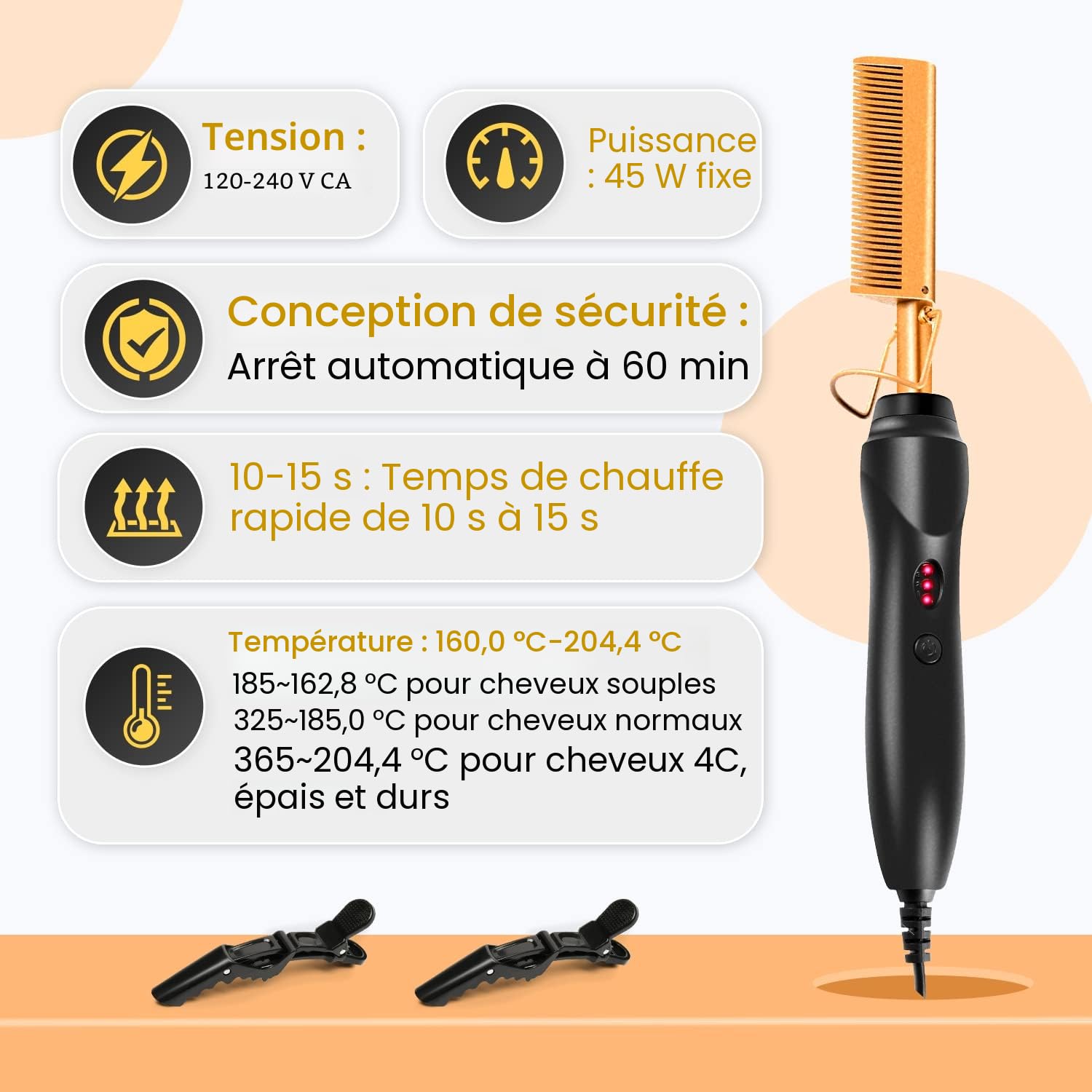 Peigne Chauffant Électrique, Fer à Lisser pour Cheveux Afro, Peigne Lisseur Professionnel (7, unité, 7)
