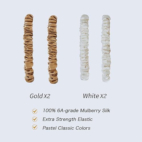 Miniatura 2 de Coleteros de seda para mujer, pequeños blancos y dorados, lazos para el cabello de seda de morera pura, 22 mommes, suaves y brillantes, menos