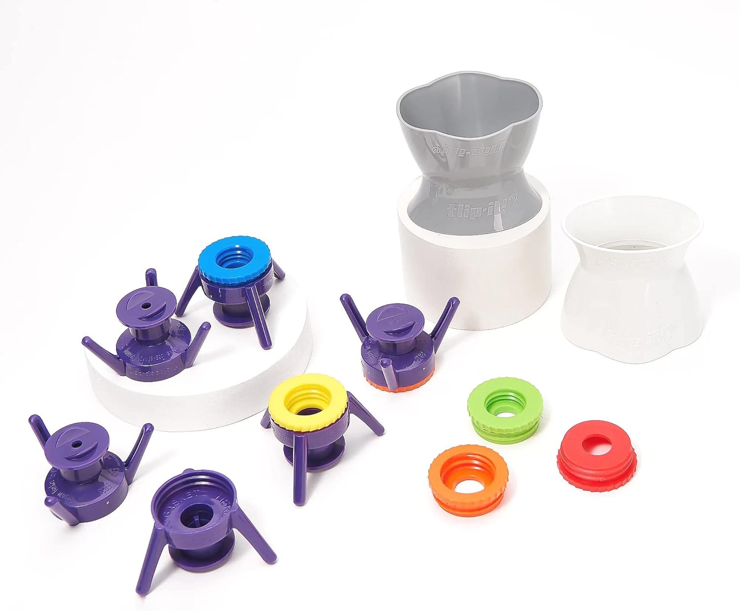 Flip-it! Super Set Universal Bottle Emptying Kit - Maximize Every Drop with Flip-It! 6 XL Base Caps, 6 Adapters, and 2 Flip Top Bottle Stands (Bright)