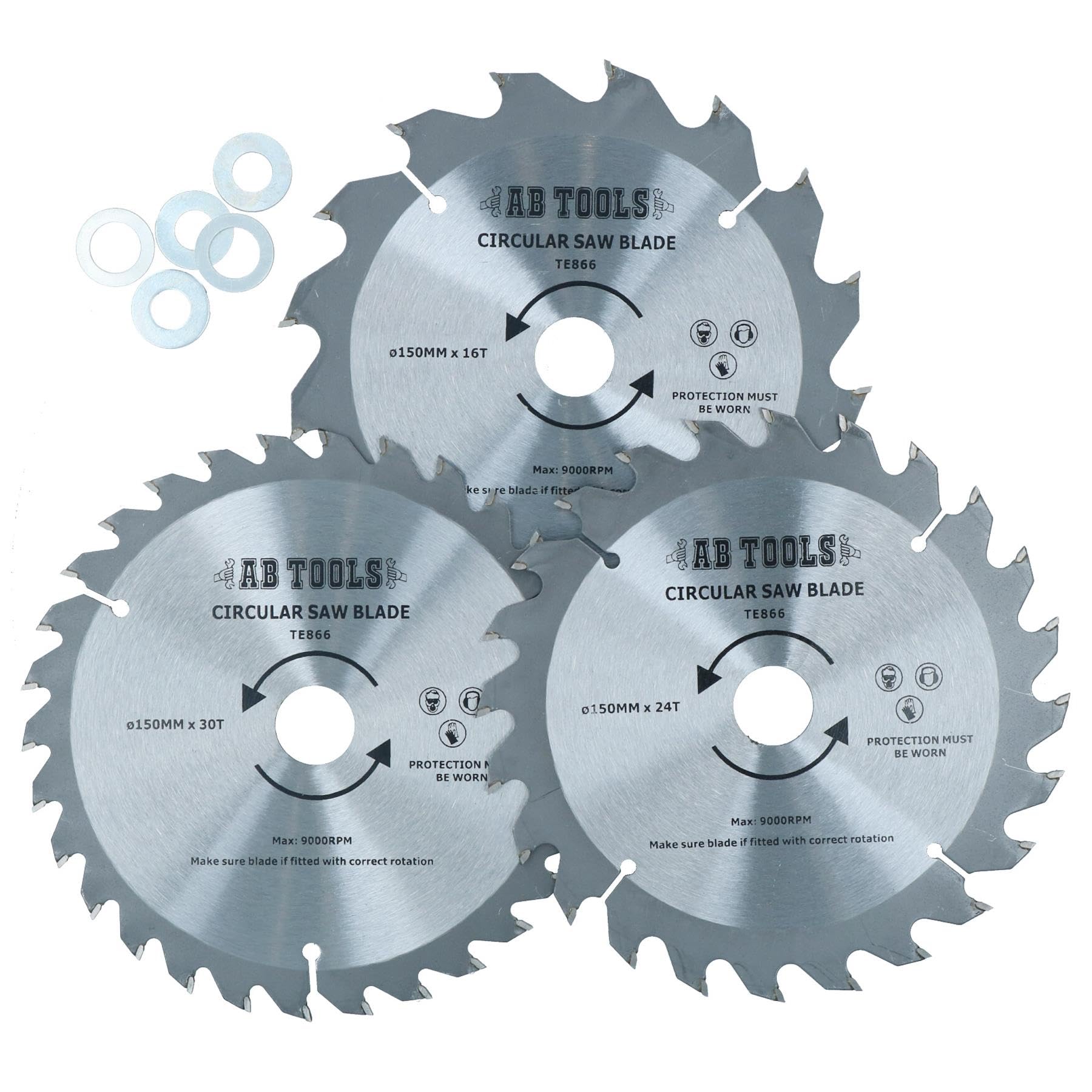 AB Tools 3pc 150mm TCT Circular Saw Blades 16/24/30 TPI & Adapter Rings Reducer TE866
