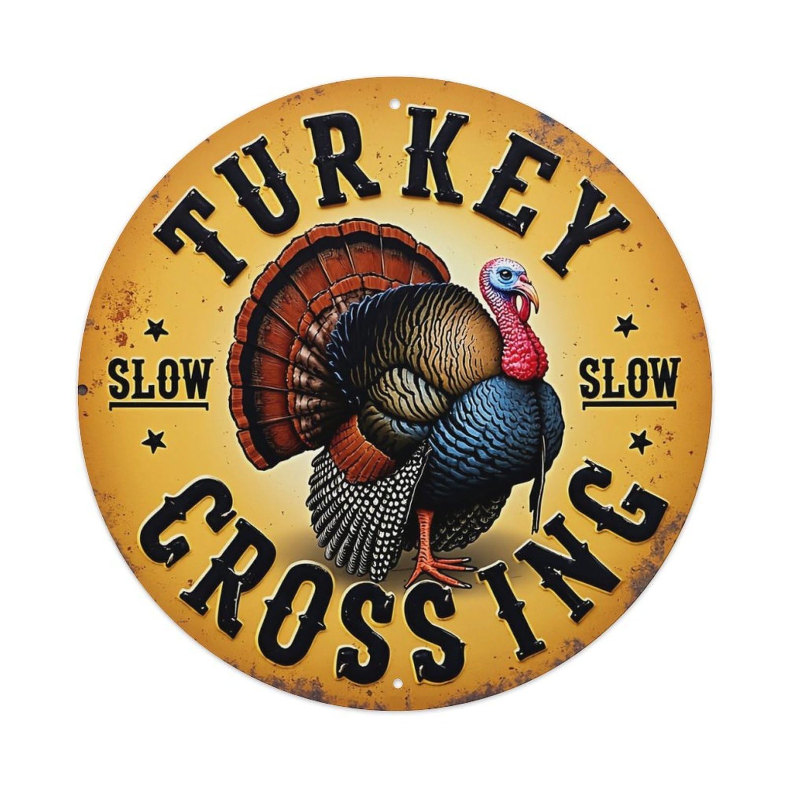 Turkey Slow Crossing Sign Pattern Retro Metal Sign Round Tin Sign, Vintage Decor Art Poster for Bar, Home, Man Cave, Kitchen, Laundry Room Gift 8x8Inch