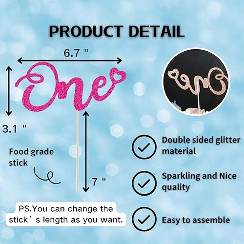 Miniatura 4 de ALISSAR Decoración de pastel rosa intenso con purpurina para primer cumpleaños, primer aniversario