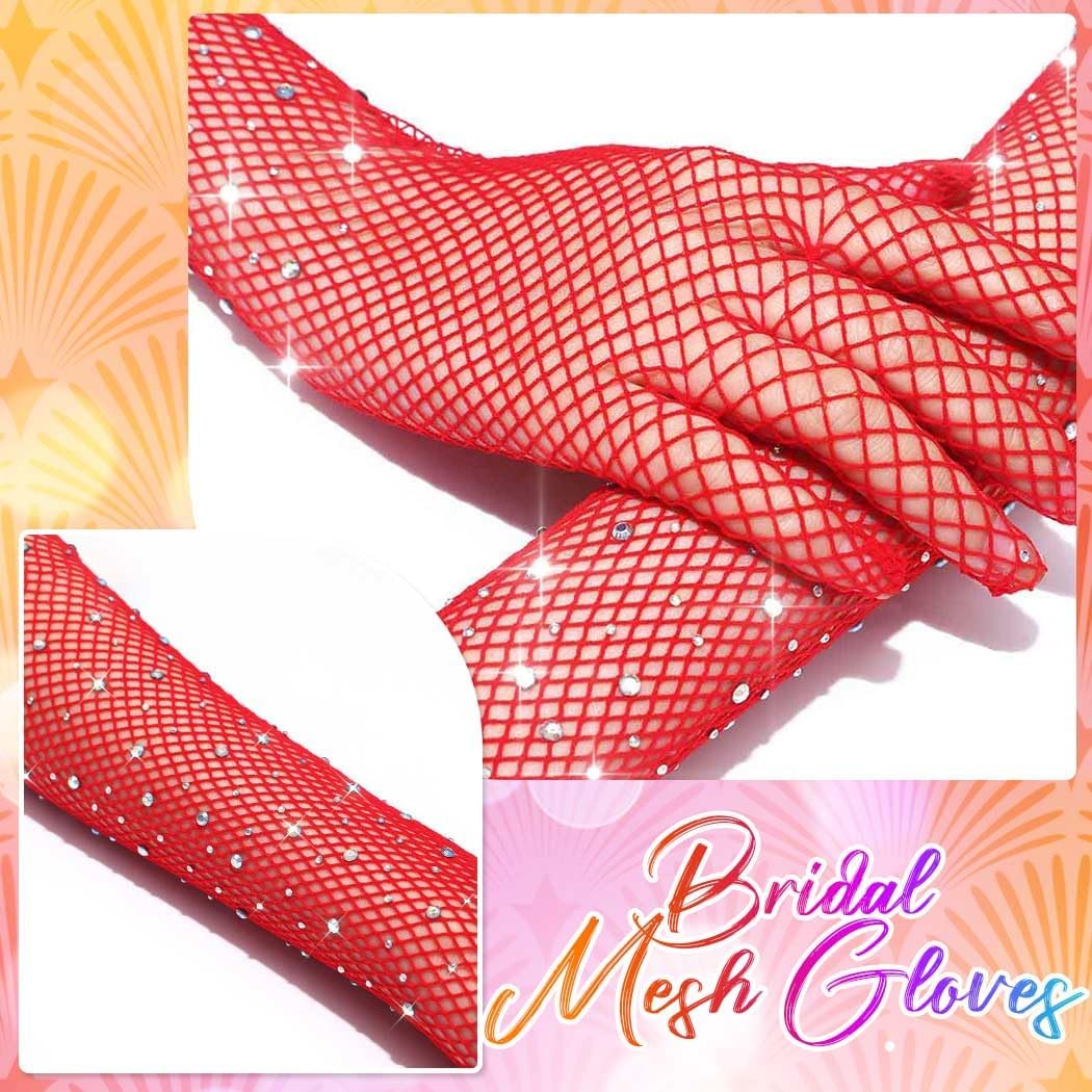 CASDRE Rhinestone Long Fishnet Gloves Mesh Rave Gloves Bling Elbow Length Evening Party Glove for Women and Girls