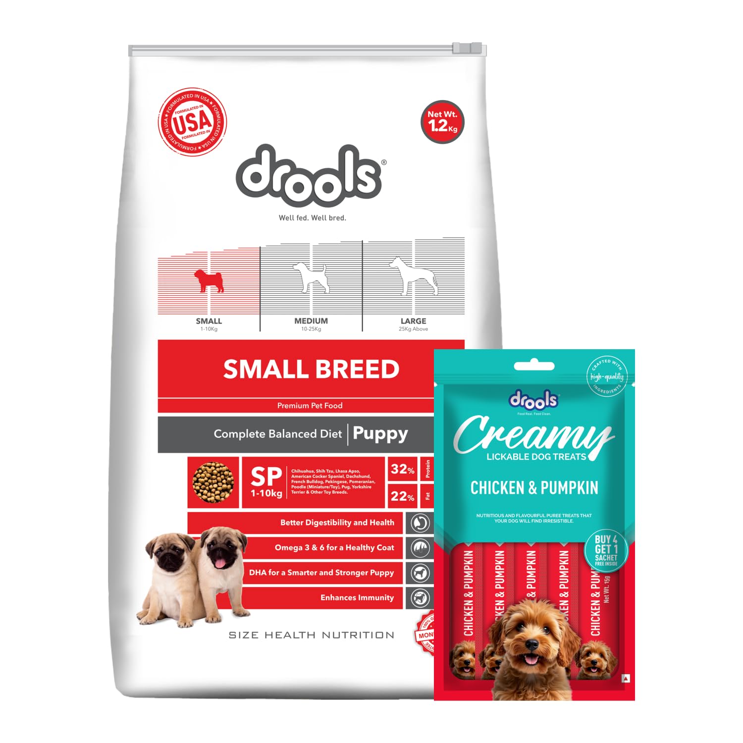Drools Small Breed Puppy Dog Food, 1.2kg + Free Creamy Dog Treat (75g) | Chicken Flavour | Protein in Every Bite | Small Kibble Size, Easy to Pick | Energy Dense