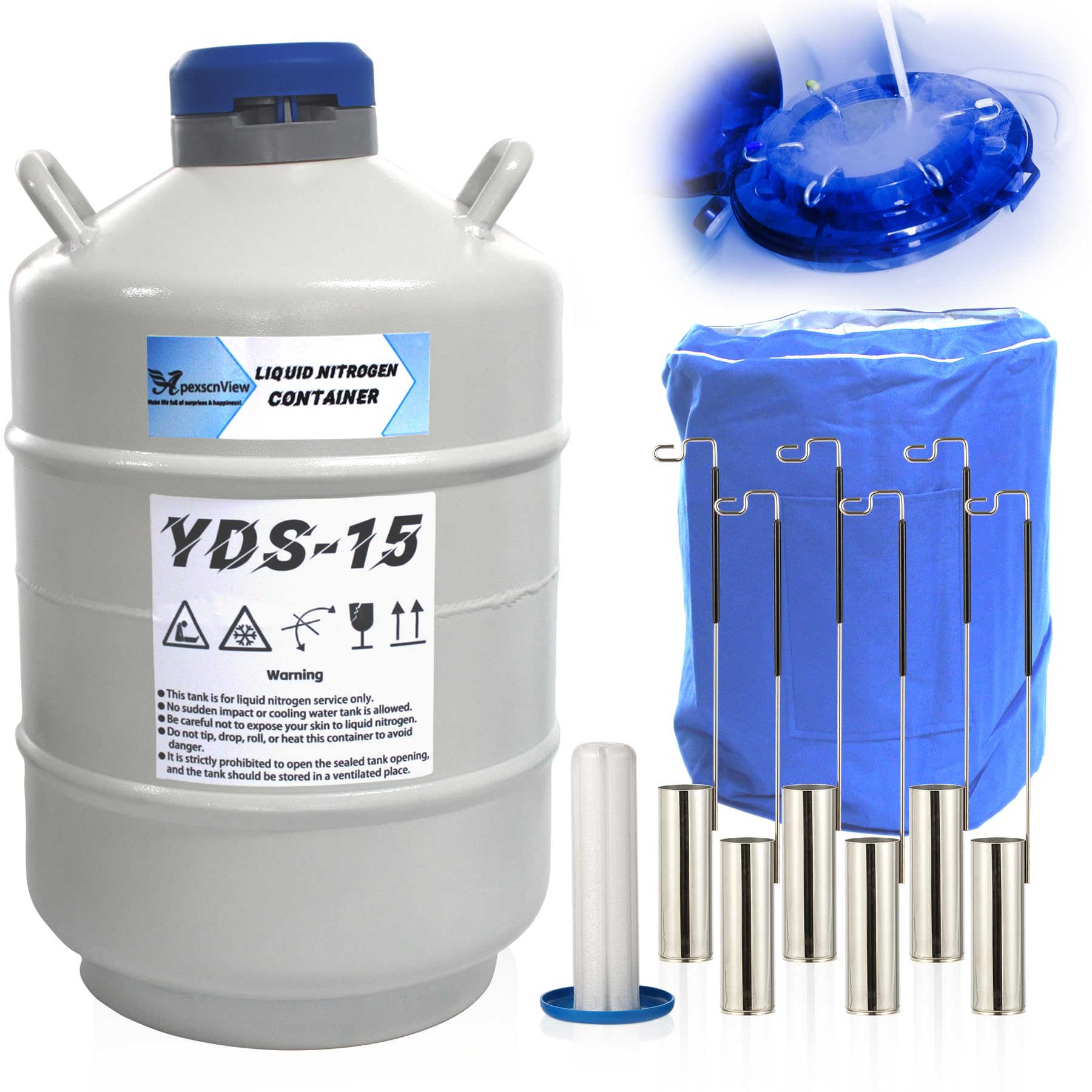 15L Liquid Nitrogen Tank, Aluminum Alloy Cryogenic Container Liquid Nitrogen (LN2) Dewar, Semen Tank, Liquid Nitrogen Dewar with 6 Canisters & Carry Bag (15L)