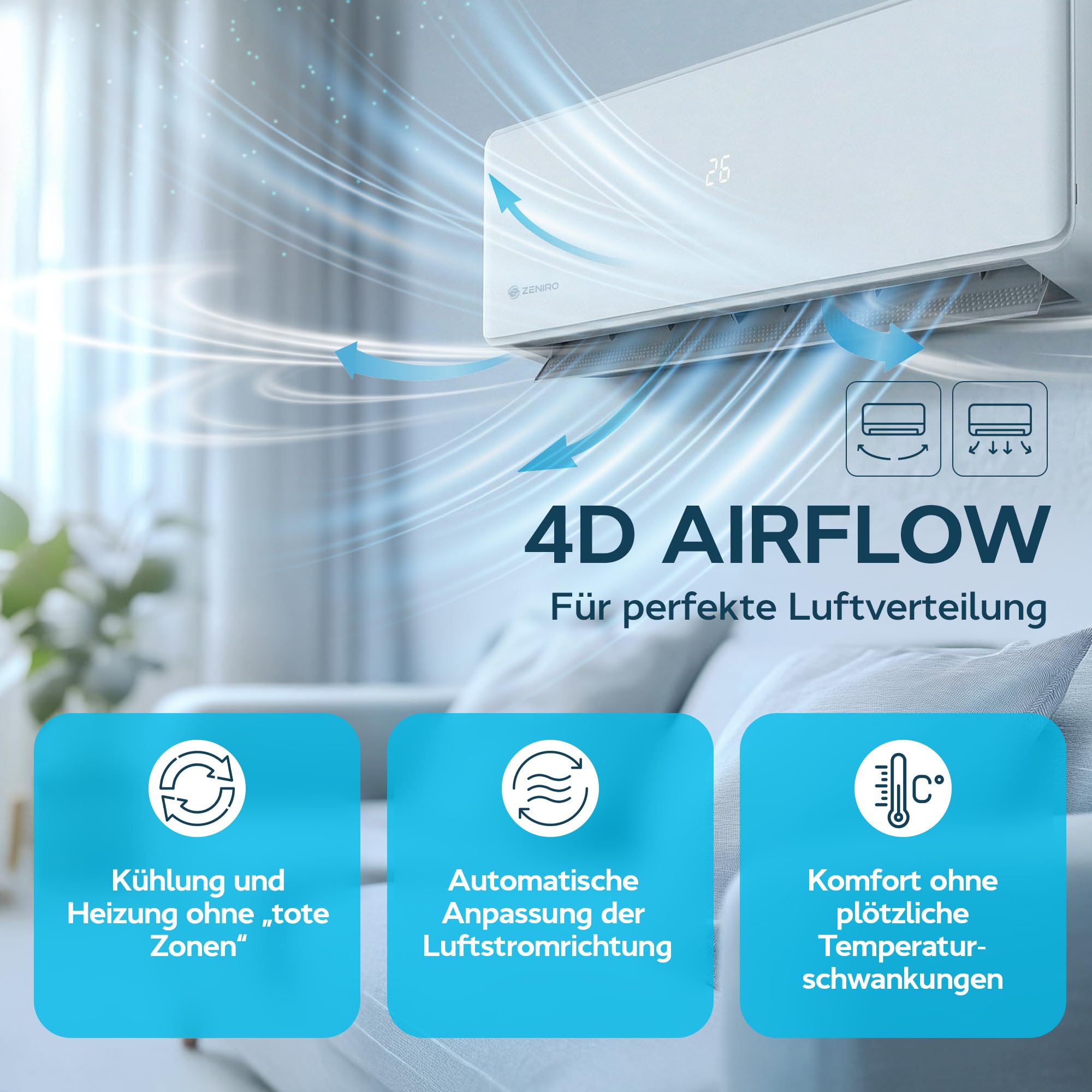 Klimaanlage Split Klimagerät 12000 BTU 3,5kW A++ Ionisator WiFi App-Steuerung 4D AirFlow Selbstreinigung R32