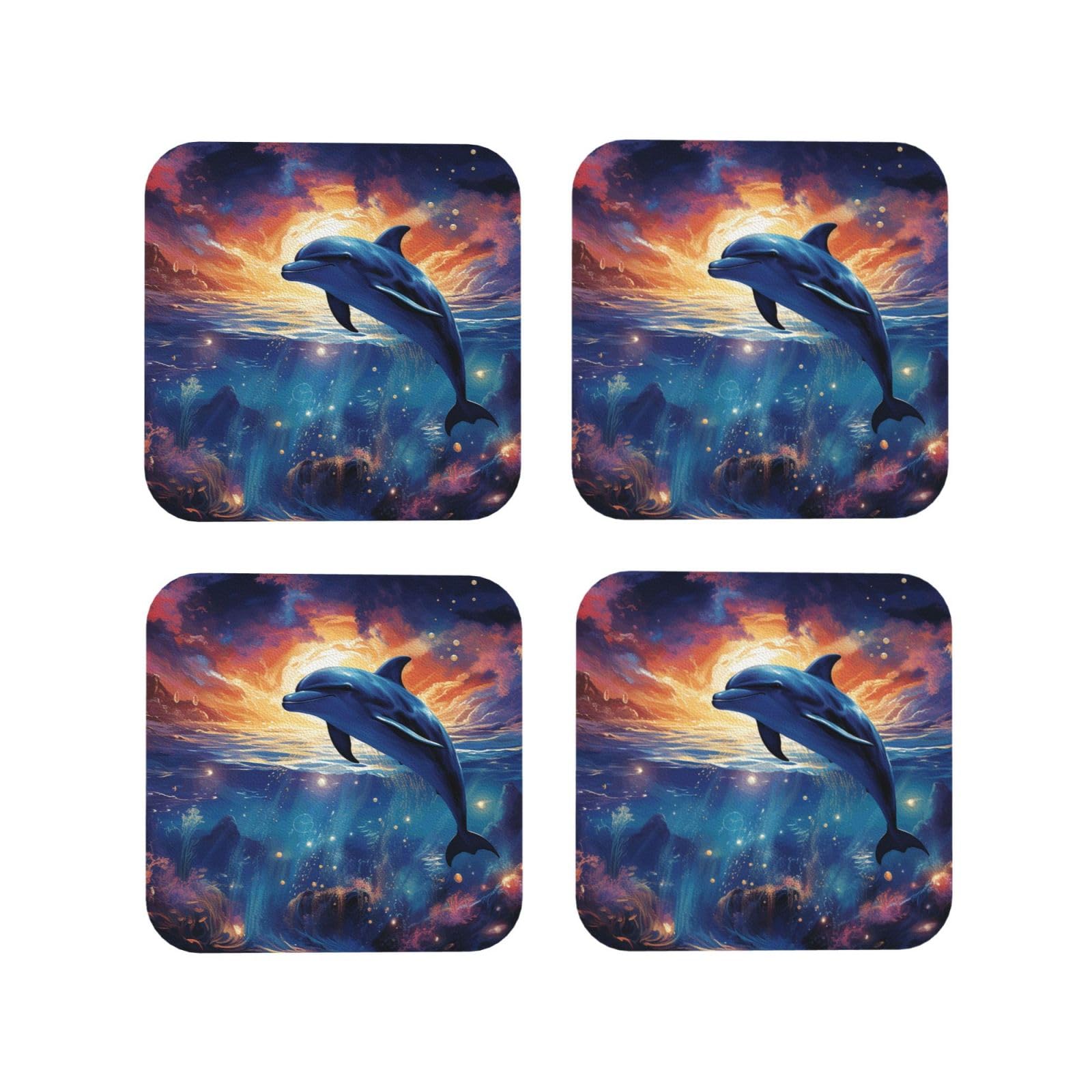 4pcs Drink Coasters for Tabletop Protection, 4" Leather Coasters for Drinks, Colorful Starry Sky Ocean Dolphin Cup Coasters for Coffee Table Decor, Non-Slip Drinking Cup Mat for Hot Or Cold Drink