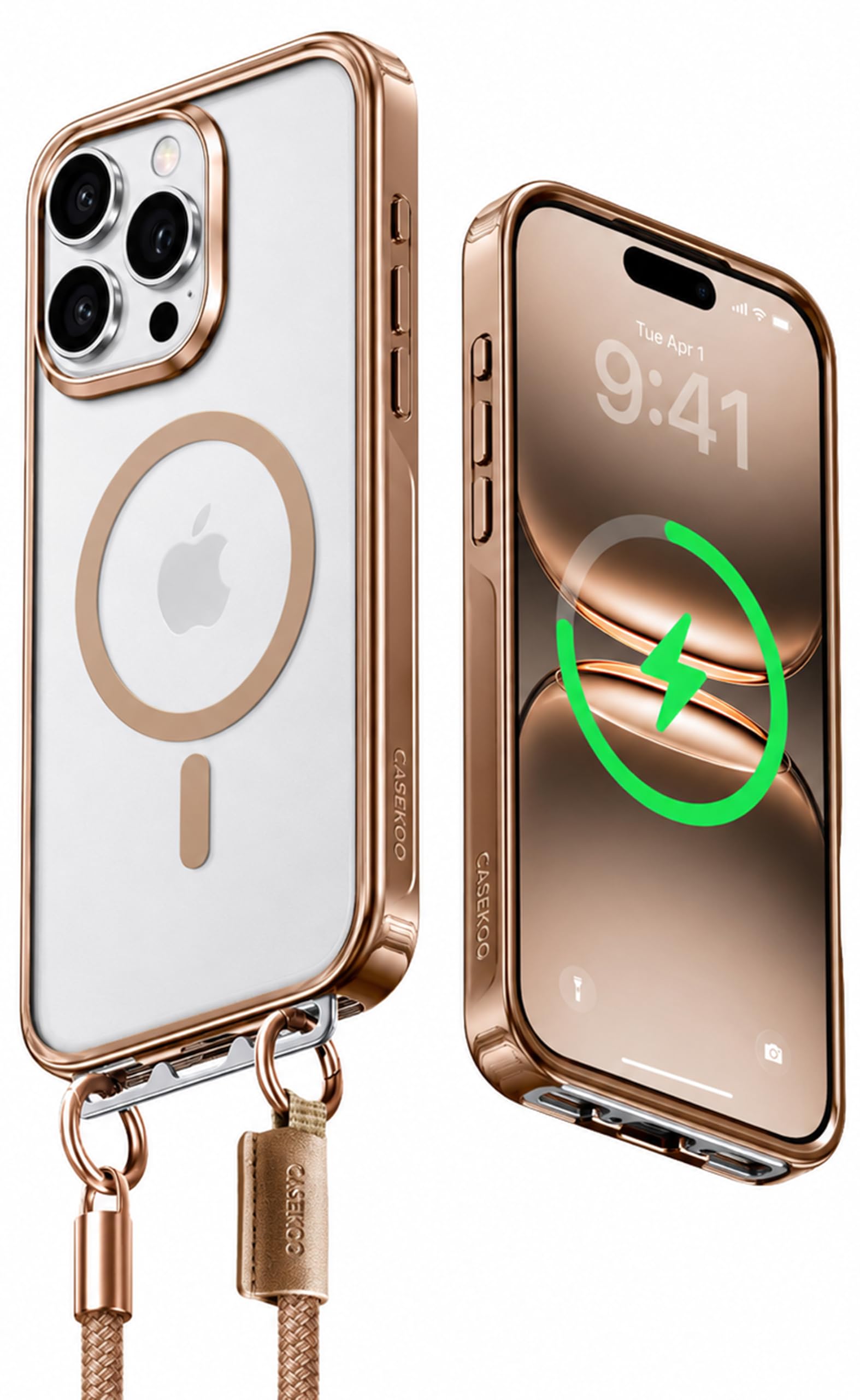 Photo 1 of CASEKOO 2026 New Linkoo Glossy Magnetic for iPhone 16 Pro Case with Strap, Patented ClipSafe: Foldable Hidden Tab, Anti Theft Lanyard, Aluminum Alloy Lens Protection, Clear Back Case, Gold